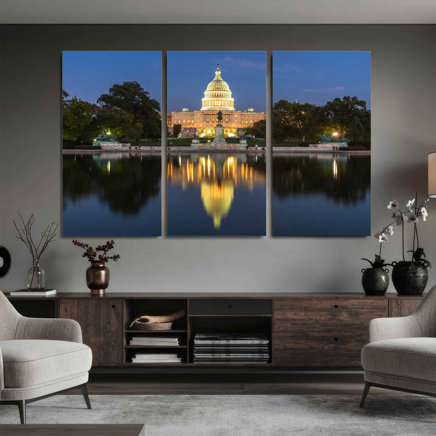 95568590-MGV-CV-36X24 - US Capitol Building Wall Art Canvas Print – Washington DC Landmark Night Reflection Artwork for Office Decor