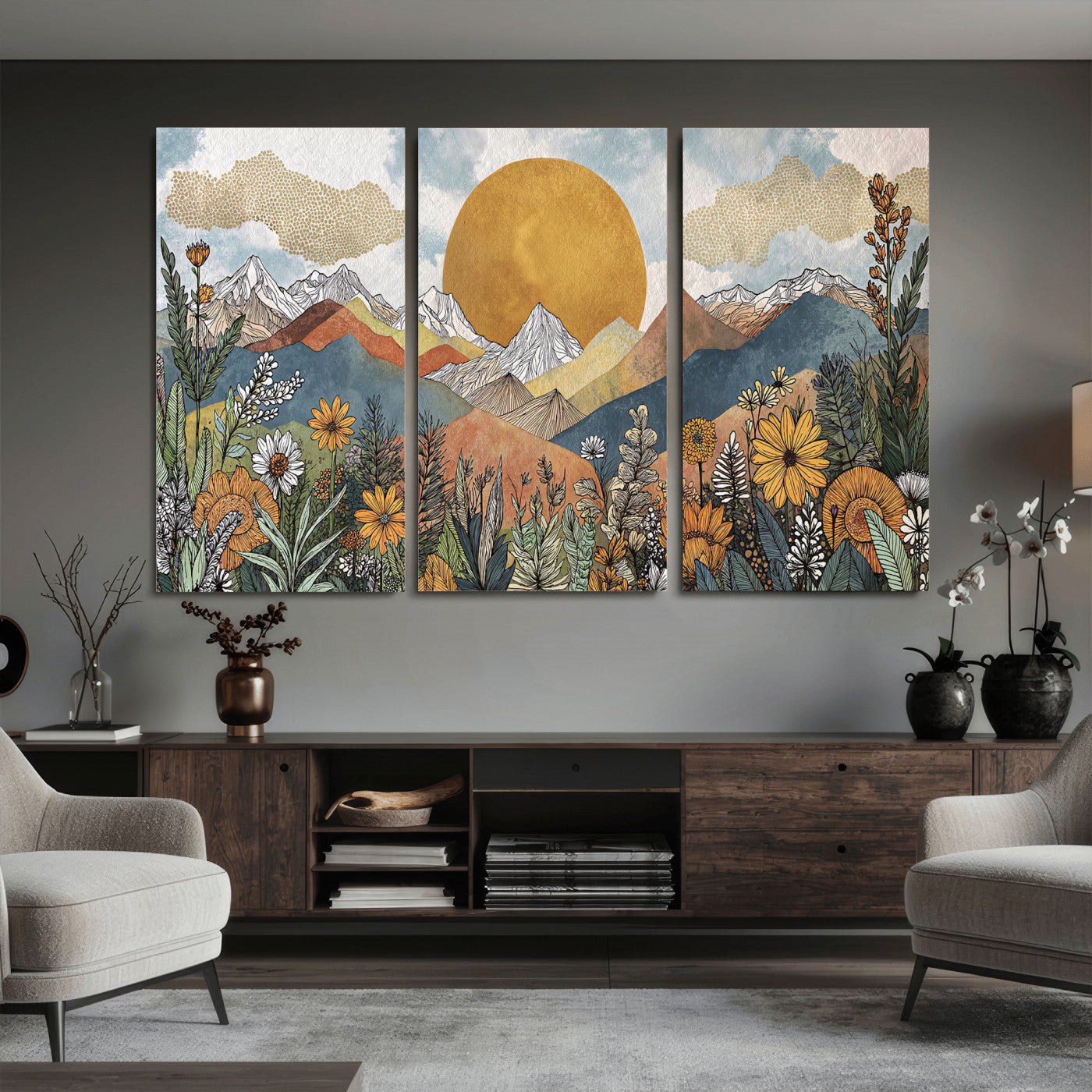 17540863-MGV-CV-36X24 - Boho Mountain Landscape Large Wall Art, Horizontal Gold Framed Canvas Print with Sun and Flowers
