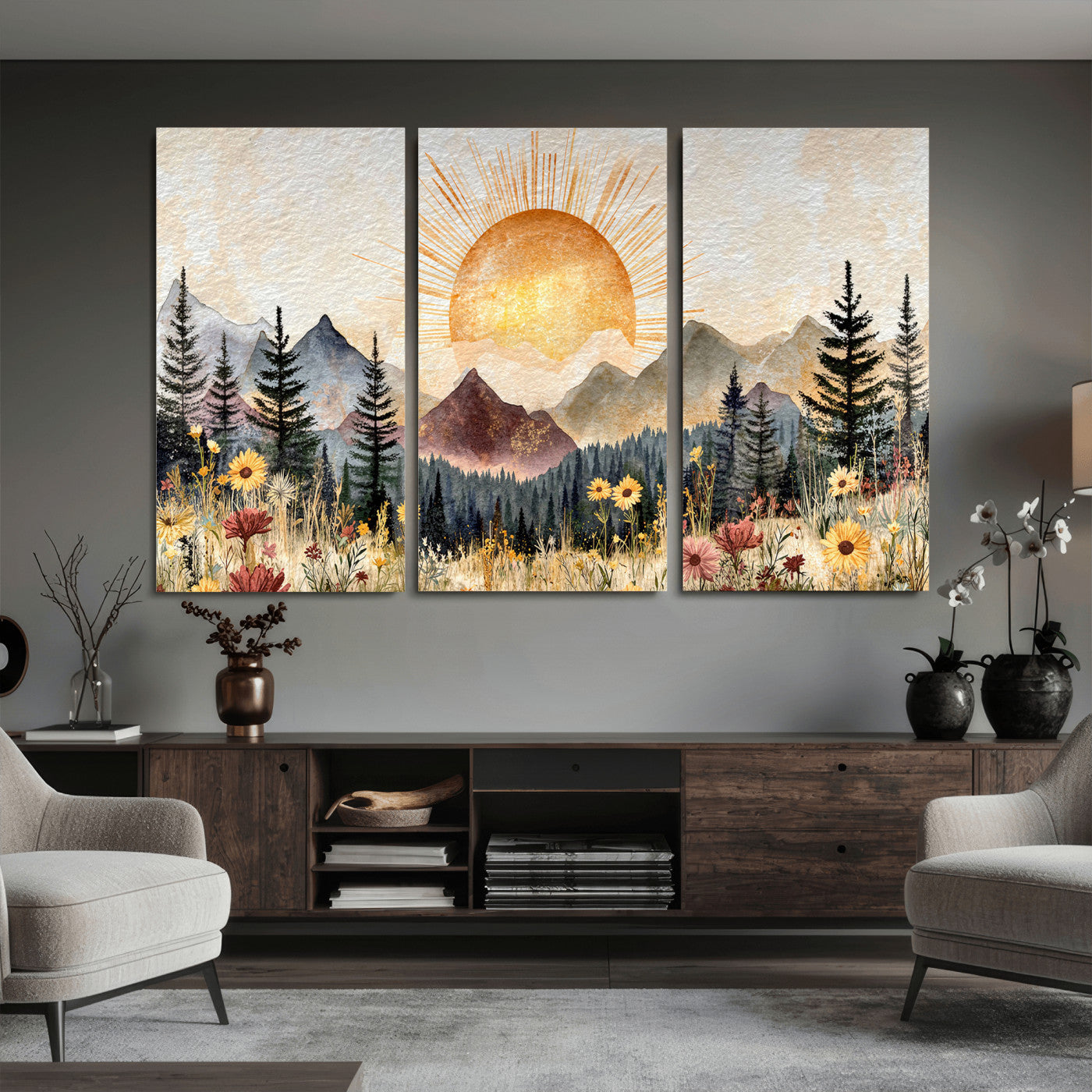 69025244-MGV-CV-36X24 - Boho Mountain Landscape Large Wall Art, Horizontal Gold Framed Canvas Print with Sun and Flowers