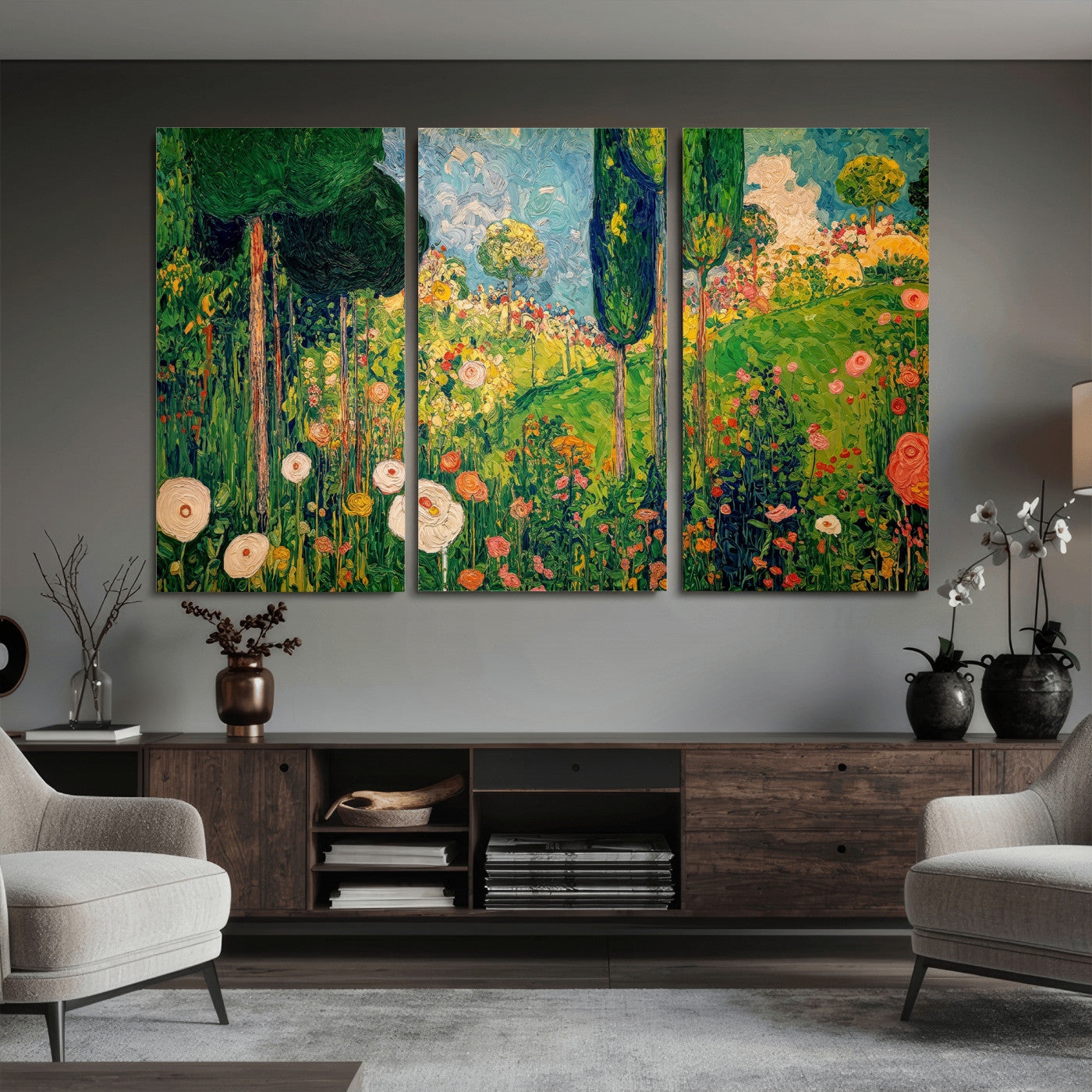 83517974-MGV-CV-36X24 - Gustav Klimt Boho Mountain Landscape Large Wall Art, Horizontal Gold Framed Canvas Print with Sun and Flowers