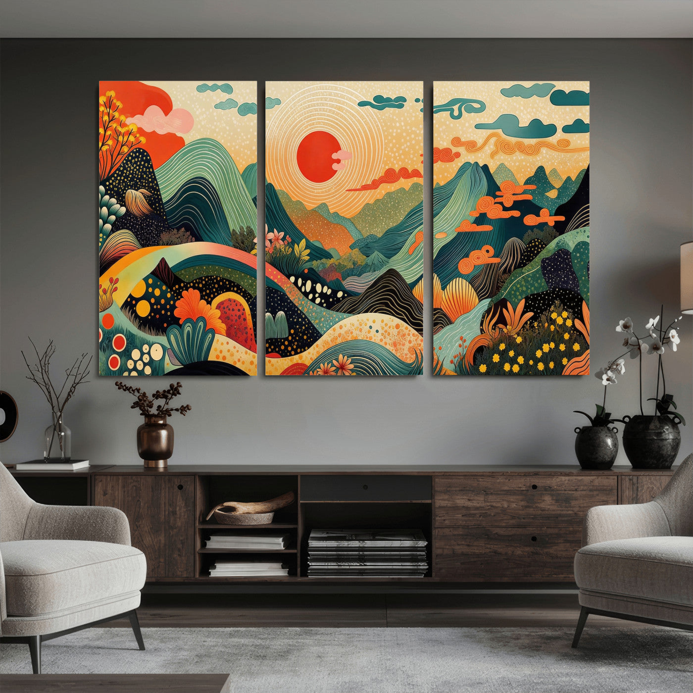 29927191-MGV-CV-36X24 - Yayoi Kusama Boho Mountain Landscape Large Wall Art, Horizontal Gold Framed Canvas Print with Sun and Flowers