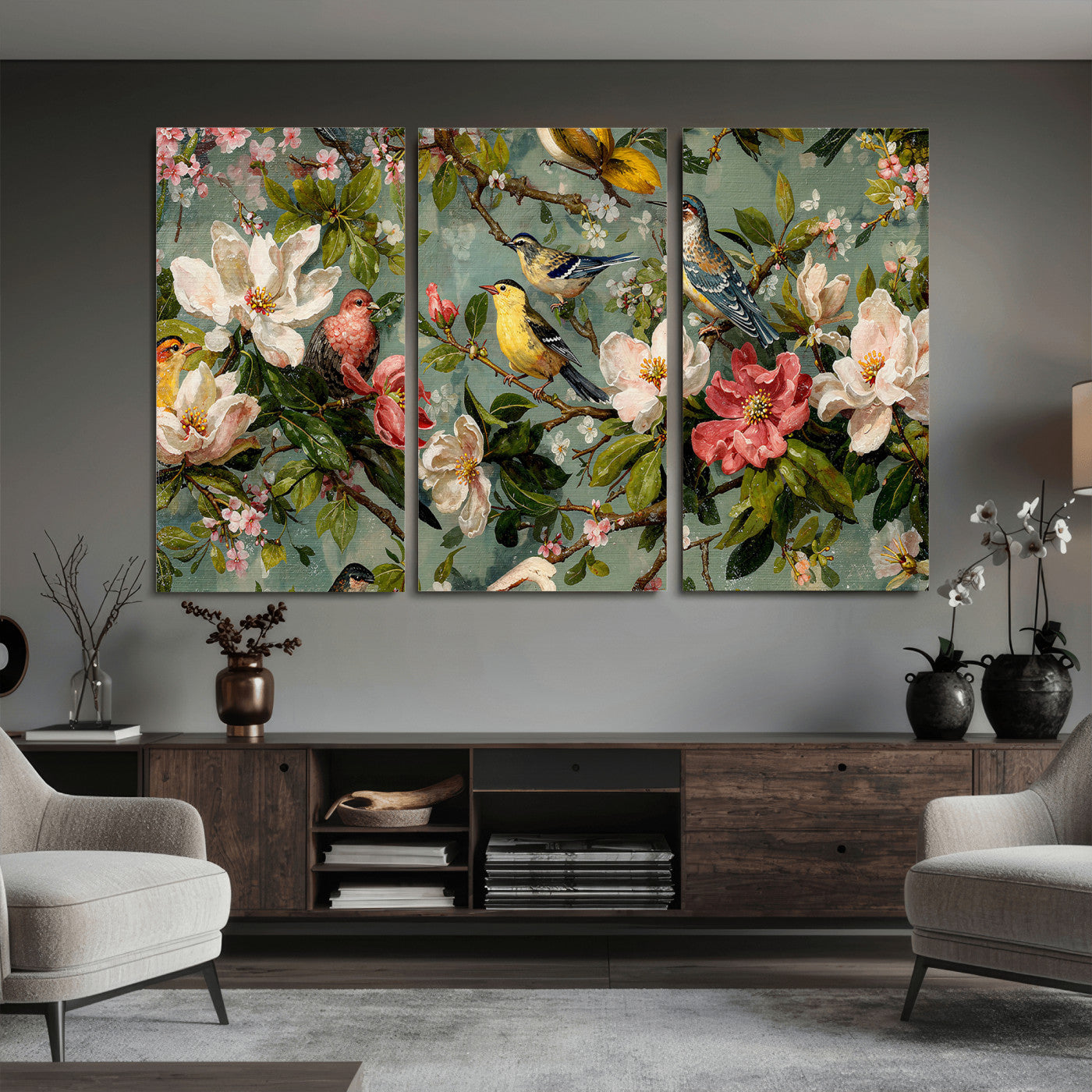 77883606-MGV-CV-36X24 - Vintage Birds and Flowers Wide Wall Art: Extra Large Panoramic Botanical Print