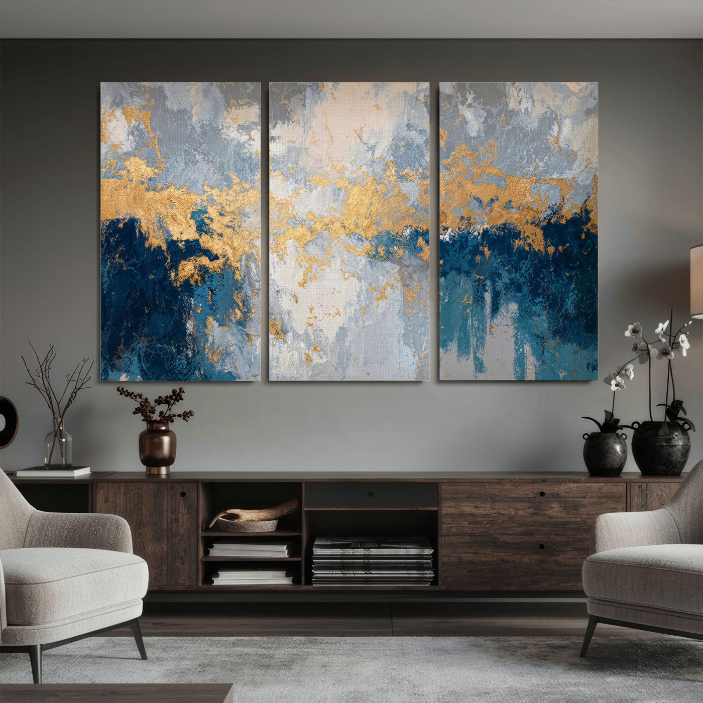 65386119-MGV-CV-36X24 - Blue Gold Abstract Large Framed Canvas Wall Art, Modern Luxury Painting Print in Horizontal Oversized Minimal Wall Decor Artwork