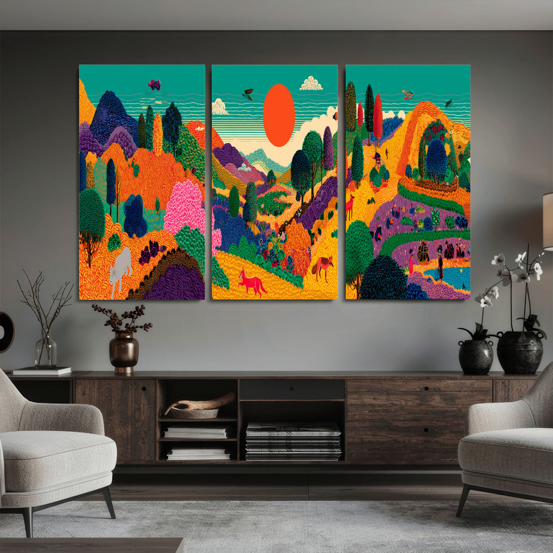 Colorful Japanese Landscape Print: Maximalist Panoramic Wall Art