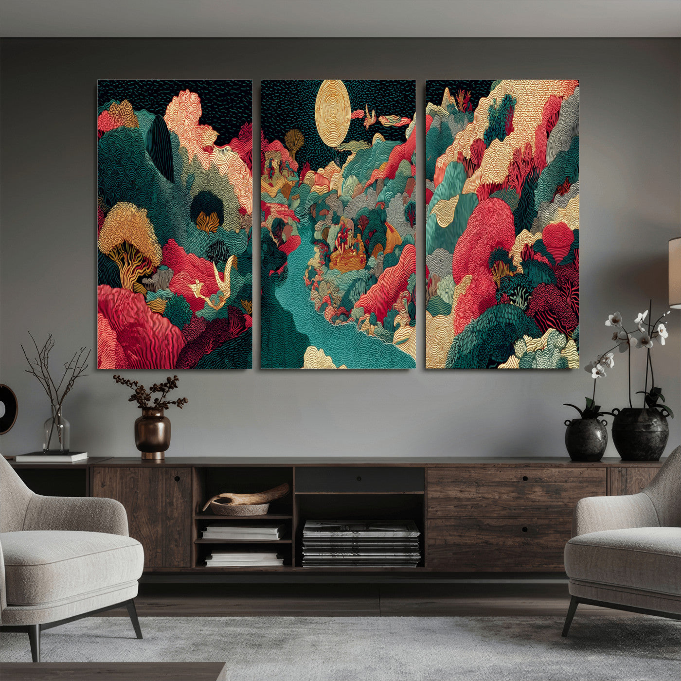 36816259-MGV-CV-48X32-3P - Colorful Japanese Landscape Print: Maximalist Panoramic Wall Art