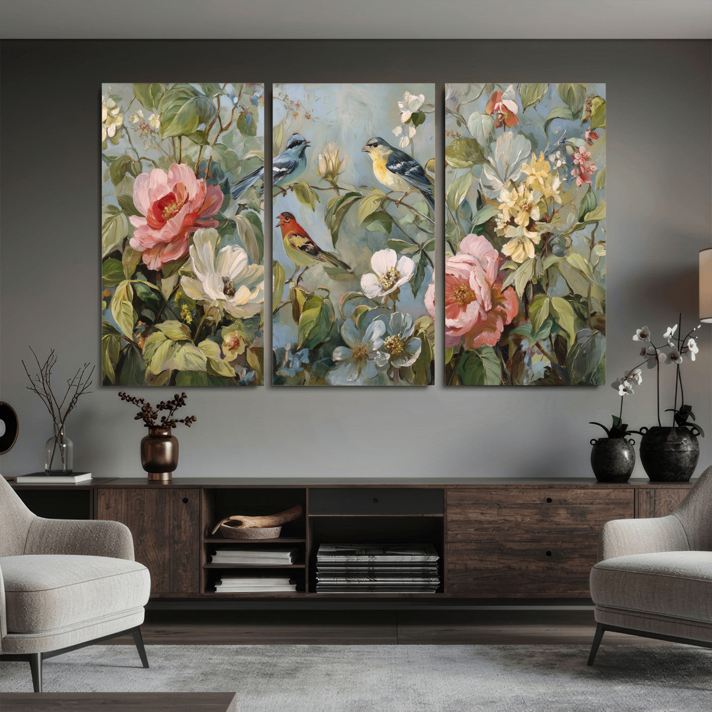 55440837-MGV-CV-36X24 - Vintage Birds and Flowers Wall Art Canvas Print, Botanical Bird Painting Canvas Print, Floral Garden Bird Artwork Canvas Print, Classic Bird Flower Painting Canvas Print