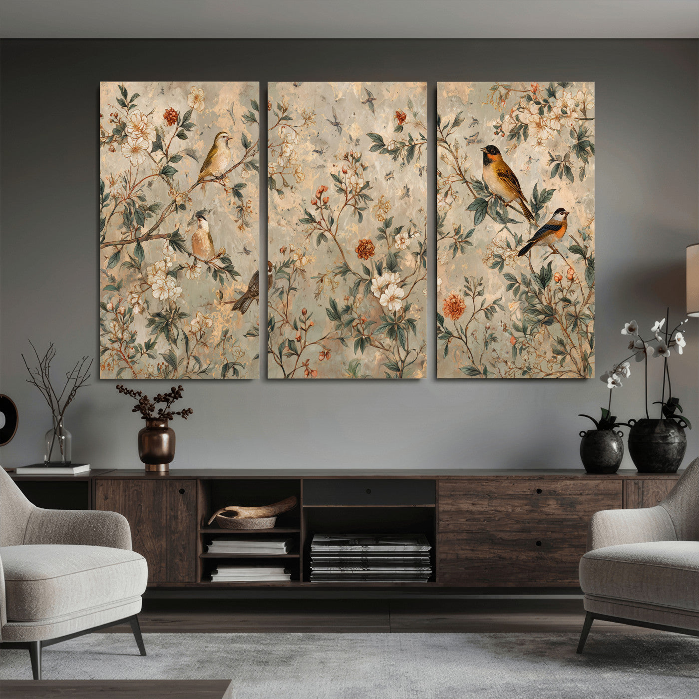 76588438-MGV-CV-36X24 - Vintage Birds and Flowers Wall Art Canvas Print, Botanical Bird Painting Canvas Print, Floral Garden Bird Artwork Canvas Print, Classic Bird Flower Painting Canvas Print