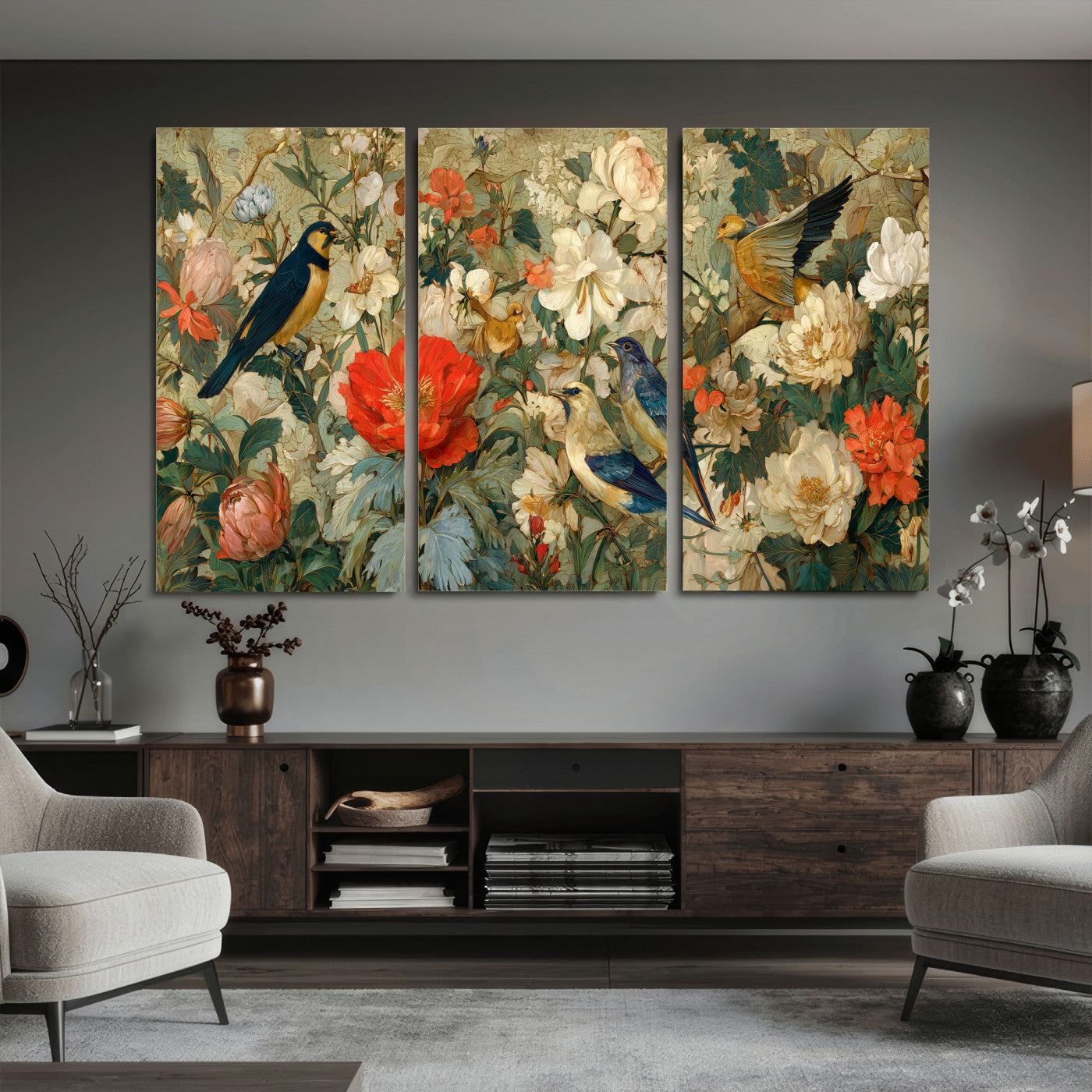 52904757-MGV-CV-36X24 - Vintage Birds and Flowers Wall Art Canvas Print, Botanical Bird Painting Canvas Print, Floral Garden Bird Artwork Canvas Print, Classic Bird Flower Painting Canvas Print