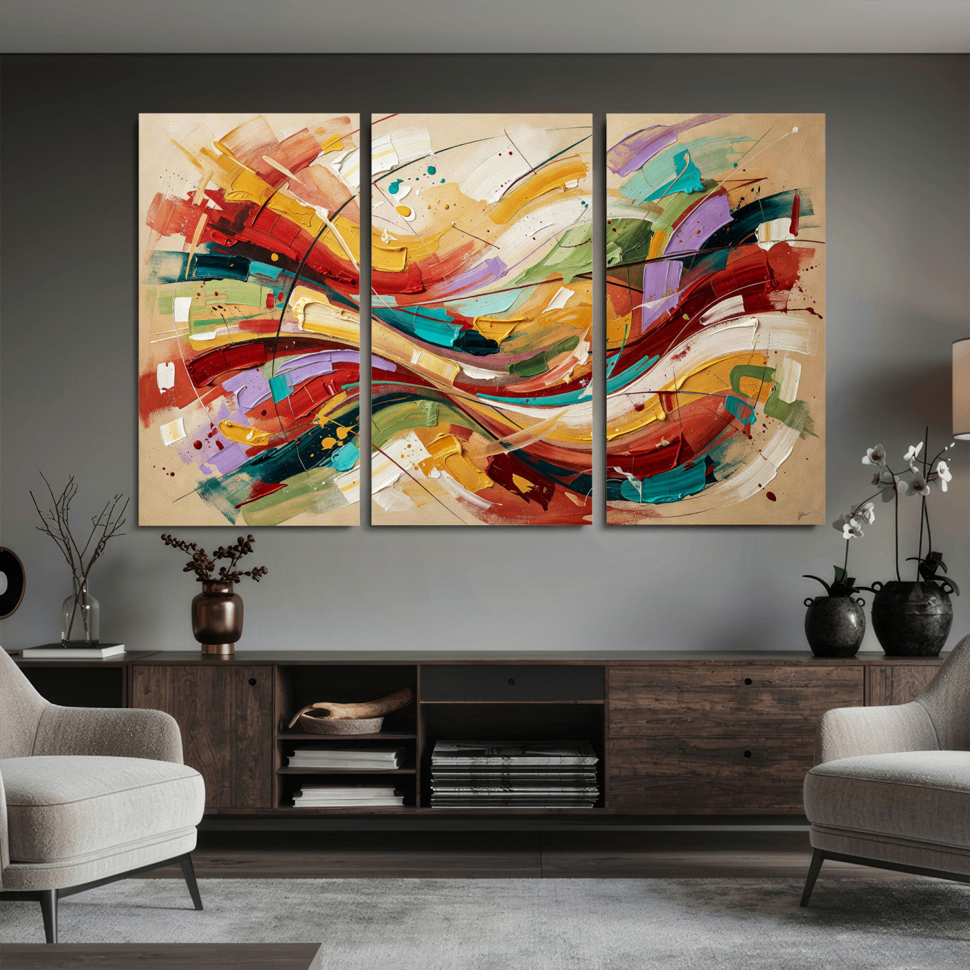 39887645-MGV-CV-36X24 - Geometric Abstract Wall Art Canvas Print, Orange Blue Abstract Expressionist Painting Print, Modern Geometric Abstract Canvas Art