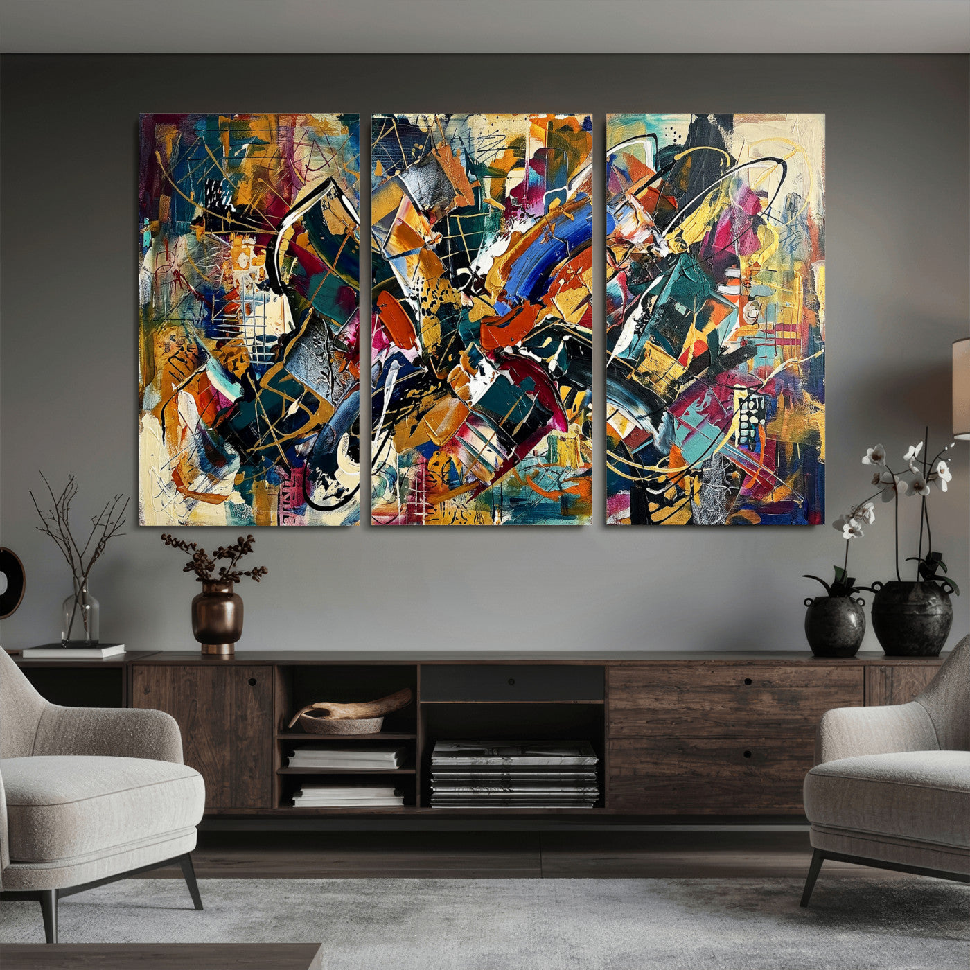 15525527-MGV-CV-36X24 - Geometric Abstract Wall Art Canvas Print, Orange Blue Abstract Expressionist Painting Print, Modern Geometric Abstract Canvas Art
