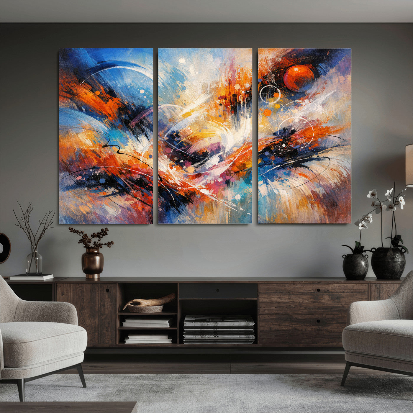 47770355-MGV-CV-36X24 - Geometric Abstract Wall Art Canvas Print, Orange Blue Abstract Expressionist Painting Print, Modern Geometric Abstract Canvas Art