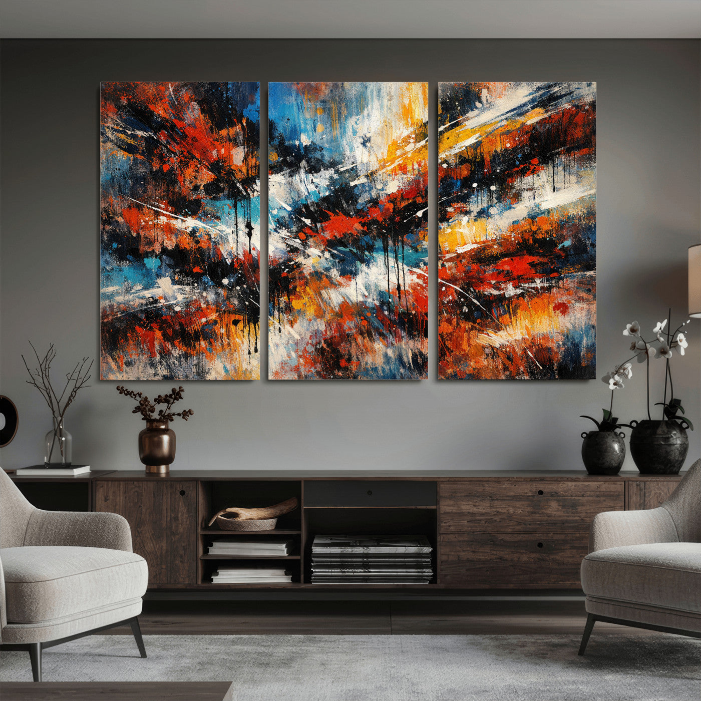 80276069-MGV-CV-36X24 - Geometric Abstract Wall Art Canvas Print, Orange Blue Abstract Expressionist Painting Print, Modern Geometric Abstract Canvas Art
