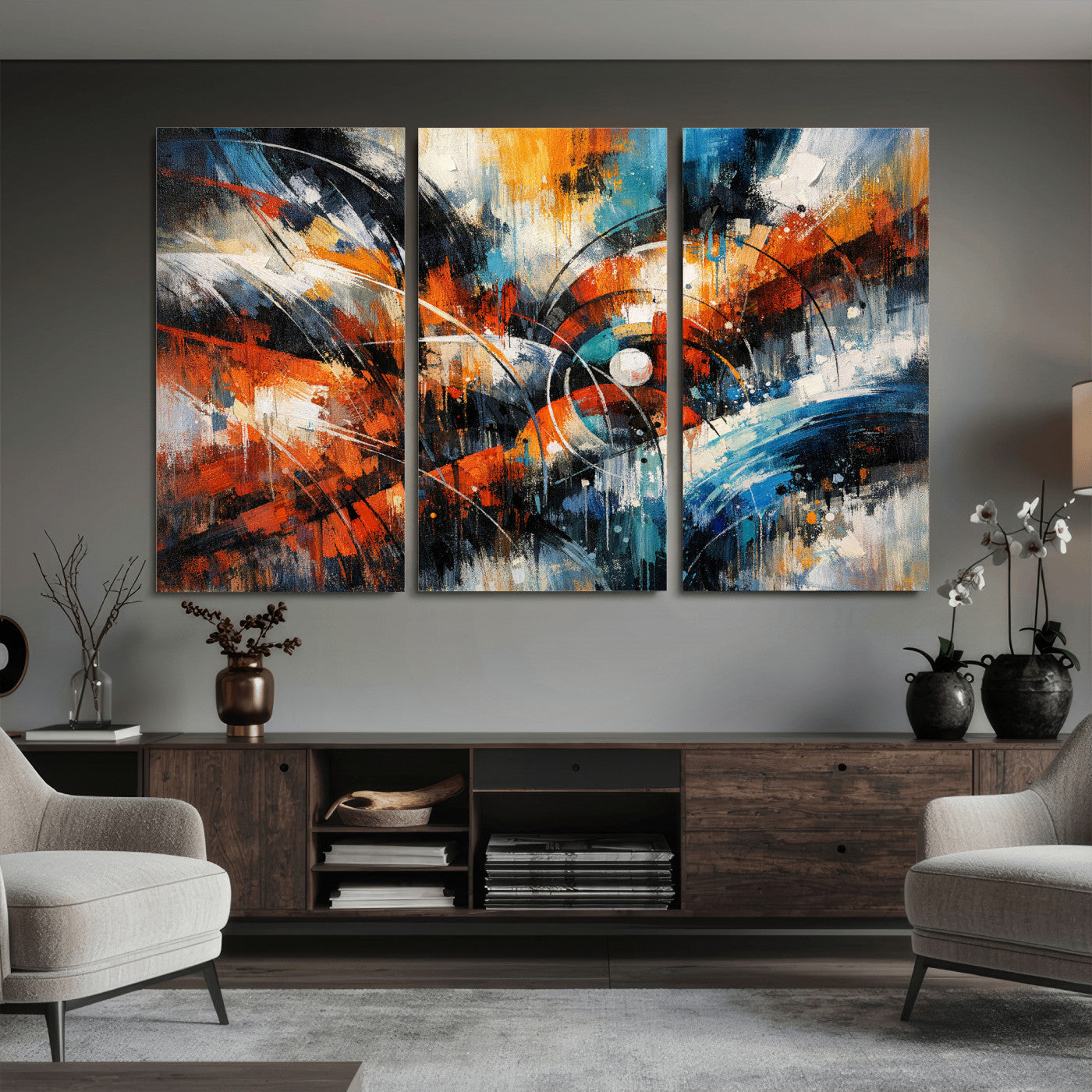 47120691-MGV-CV-36X24 - Geometric Abstract Wall Art Canvas Print, Orange Blue Abstract Expressionist Painting Print, Modern Geometric Abstract Canvas Art