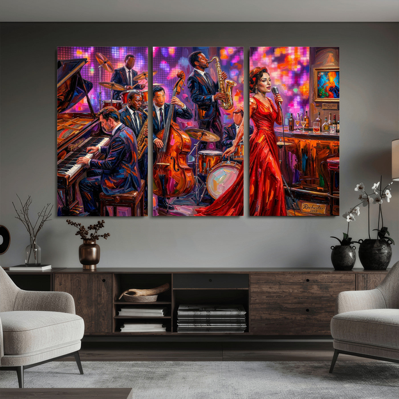 620930J20-MGV-CV-36X24 - Jazz Band Canvas Wall Art — Jazz Club Singer Saxophone Print | Music Wall Decor | Bar Restaurant Art | Music Lover Gift | Jazz Home Decor