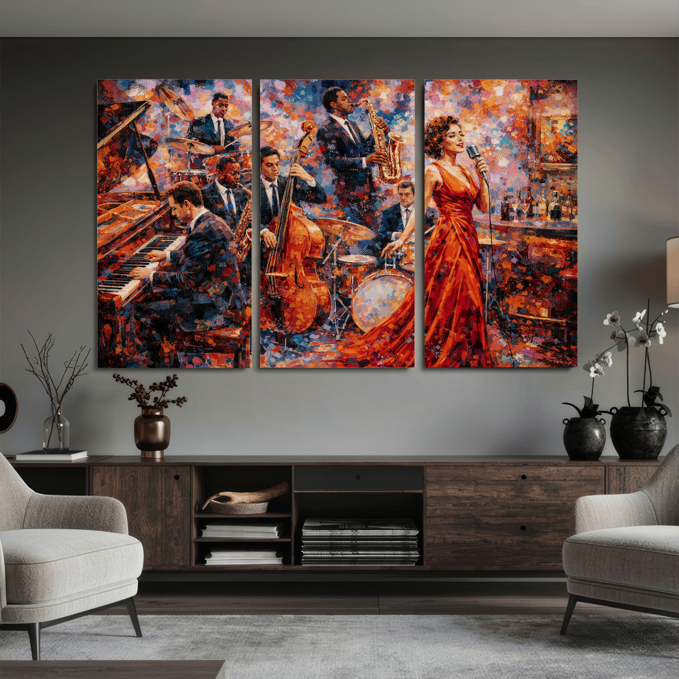 620930SF20-MGV-CV-36X24 - Jazz Band Canvas Wall Art — Jazz Club Singer Saxophone Print | Music Wall Decor | Bar Restaurant Art | Music Lover Gift | Jazz Home Decor