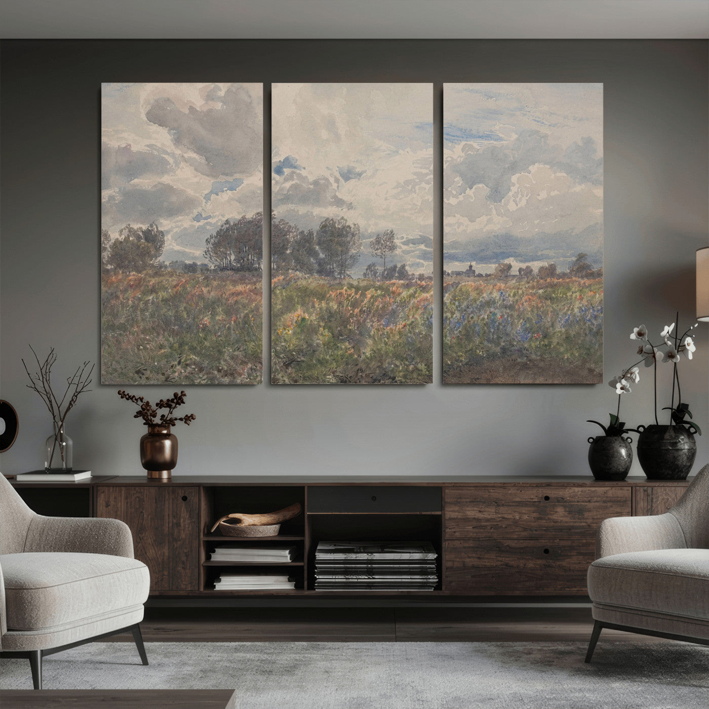 76626885-MGV-CV-36X24 - Vintage Watercolor Meadow Canvas Wall Art — English Pastoral Wildflower Storm Sky Print | Cottagecore Nature Decor | Classic Landscape Gift