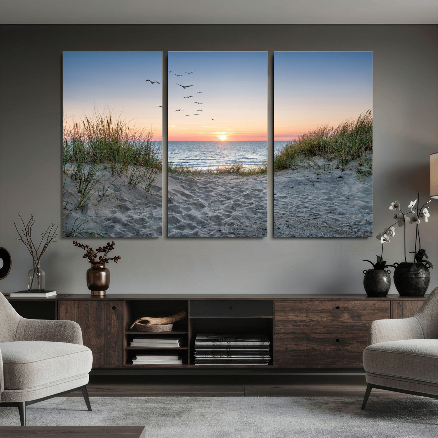12172032-MGV-CV-36X24 - Sandy Dune Path Sunset Canvas Wall Art — Seagulls Beach Ocean Photography Print | Coastal Home Decor | Nautical Wall Art | Beach House Gift