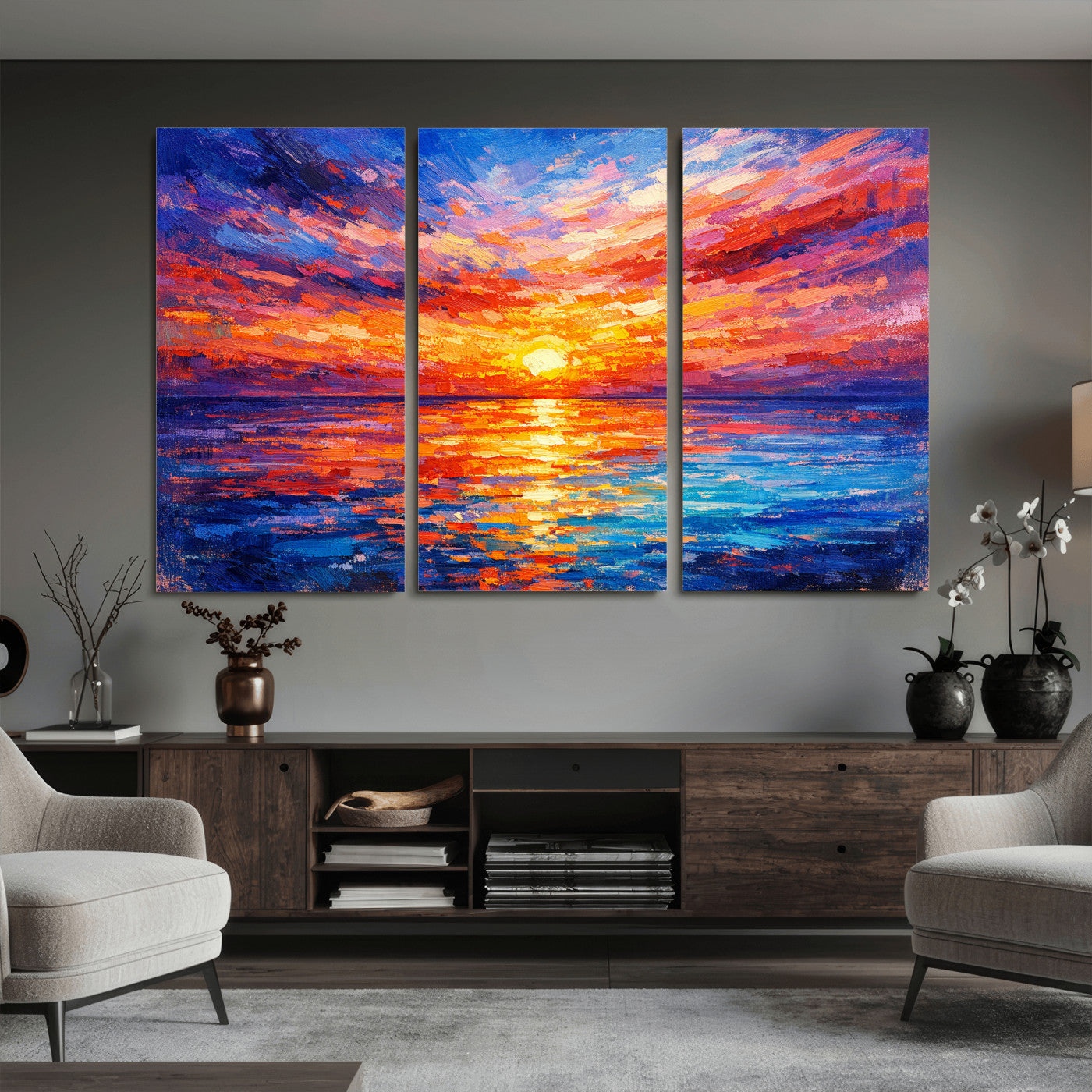 54915078-MGV-CV-36X24 - Colorful Knife Ocean Sunset Canvas — Orange Pink Teal Expressionist Sea Print | Colorful Coastal Wall Art | Vibrant Beach Decor Gift
