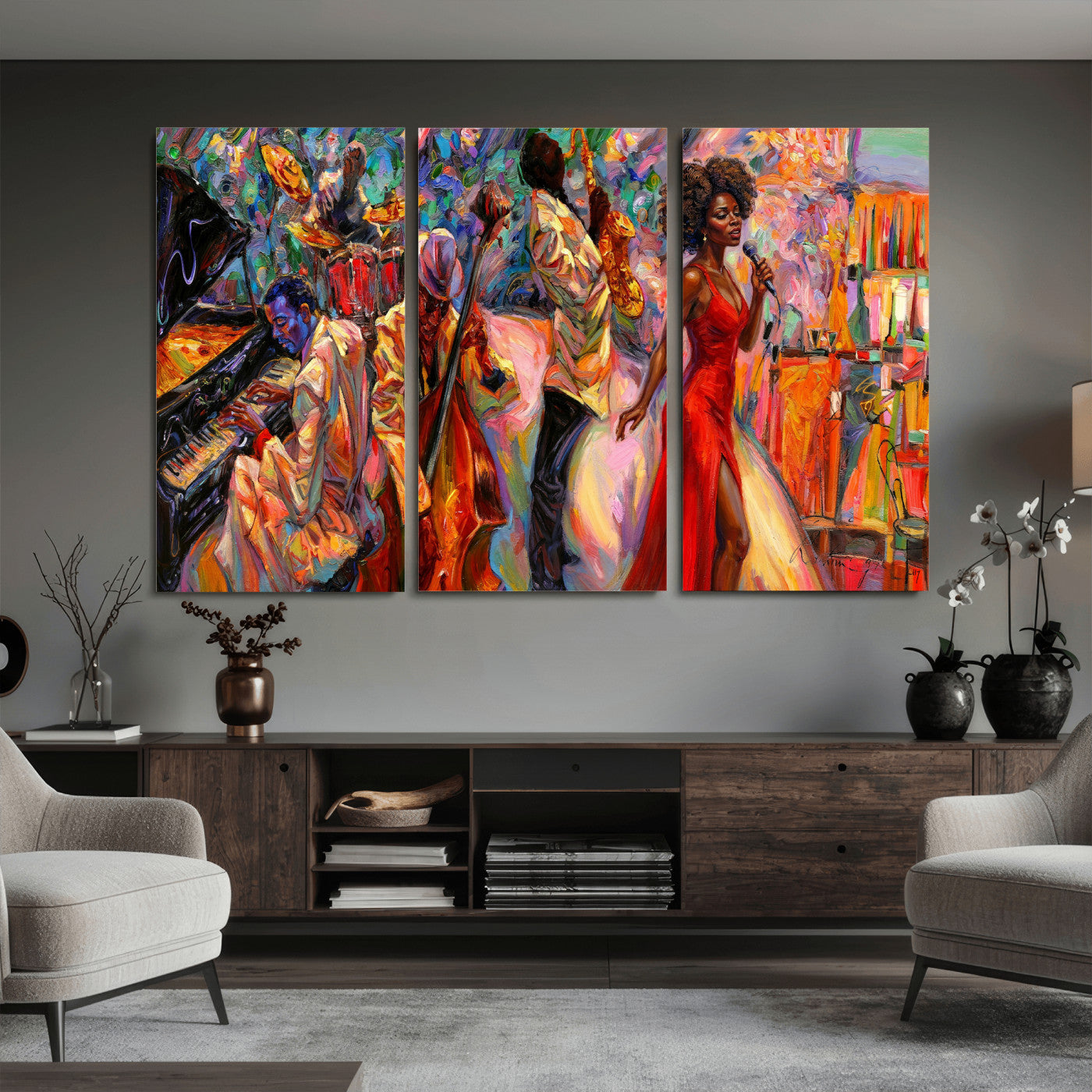 72615137-MGV-CV-36X24 - African American Jazz Singer Canvas Art - Red Dress Black Woman Music Print | Colorful Jazz Band Wall Decor | Living Room Gift for Her