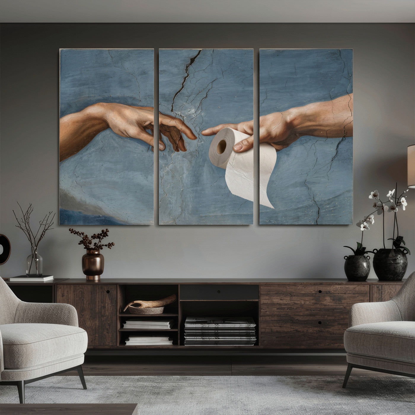 42648143-MGV-CV-36X24 - Funny Bathroom Canvas Wall Art, Michelangelo Creation of Adam Toilet Paper Parody, Renaissance Humor Print, Quirky Housewarming Gift, Toilet Room Decor