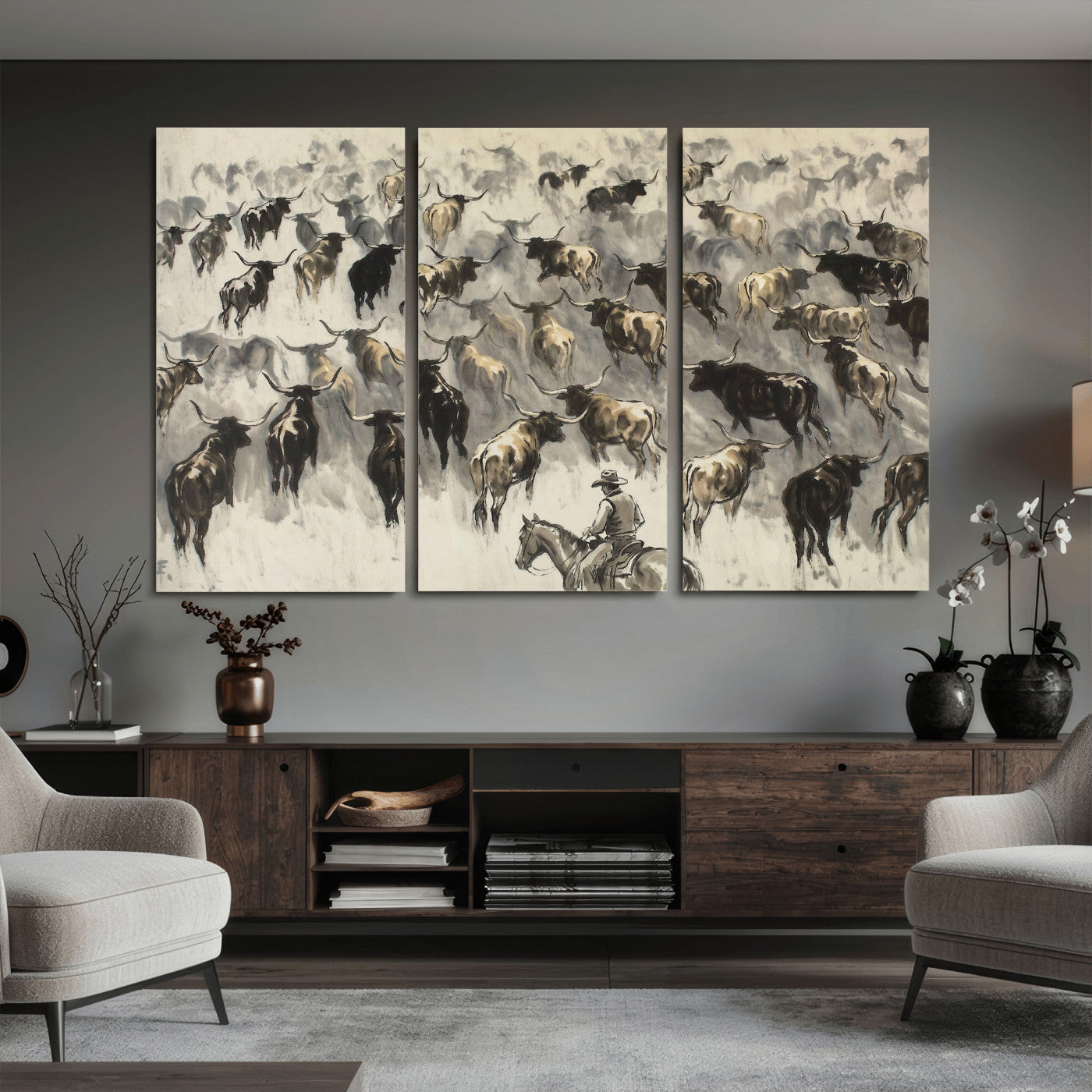 48049876-MGV-CV-36X24 - Cowboy Cattle Drive Canvas Wall Art, Western Longhorn Herd Ink Painting Print, Ranch Rodeo Decor, Black White Western Art, Large Living Room Art