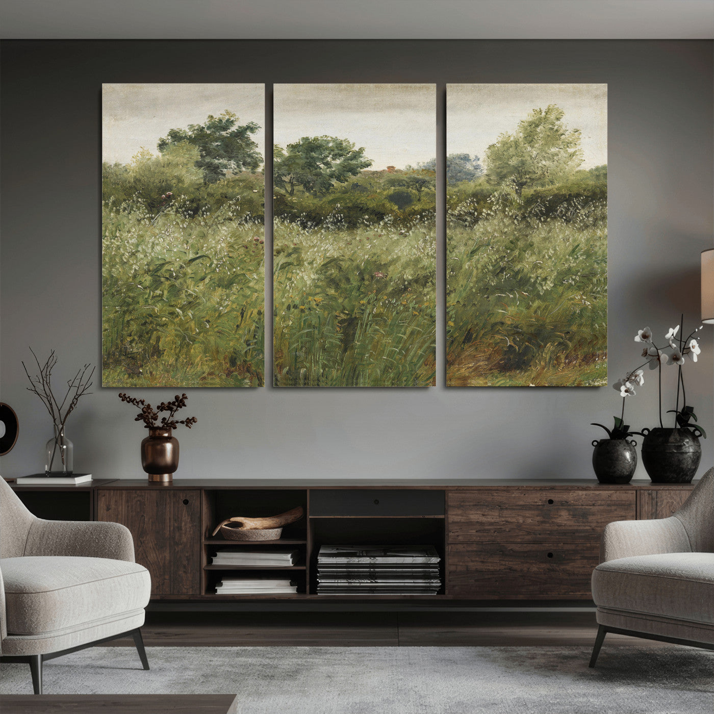 92328261-MGV-CV-36X24 - Wildflower Meadow Canvas Wall Art, Impressionist Overgrown Field Painting Print, Vintage Green Nature Decor, Cottagecore Botanical Art, Living Room Print