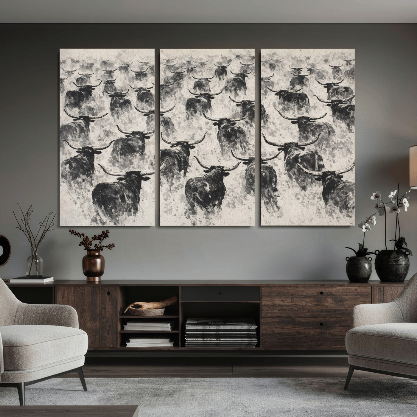 73328525-MGV-CV-36X24 - Texas Longhorn Drawing Canvas Wall Art, Western Cattle Stampede Painting Print, Warm Amber Ranch Decor, Rustic Cowboy Home Art, Large Living Room Decor