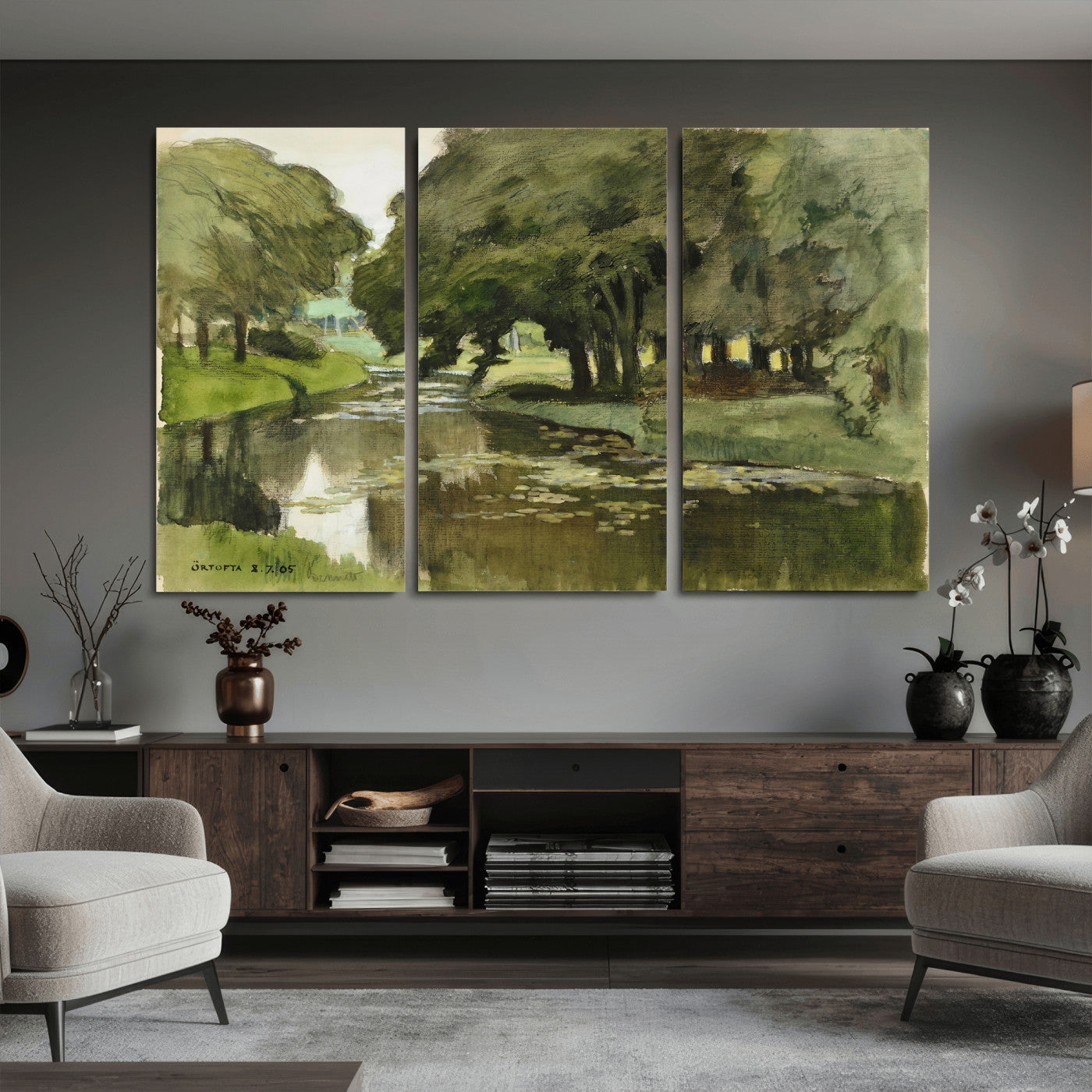 54446767-MGV-CV-36X24 - Anders Zorn Watercolor Canvas Print, Örtofta 1905 Swedish River Landscape, Impressionist Nature Art, Scandinavian Wall Decor, Plein Air Painting Print