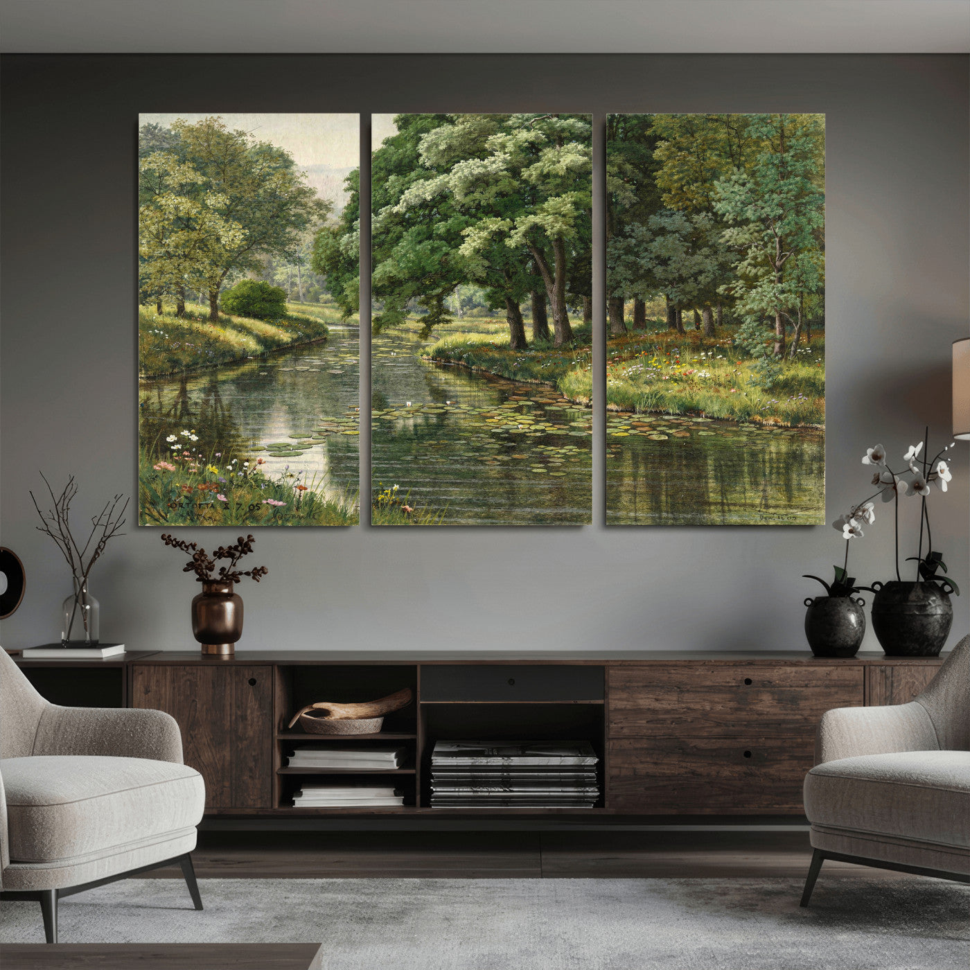 44288560-MGV-CV-36X24 - Forest Stream Canvas Wall Art, Peder Monsted A Forest Stream 1905 Print, Danish Realist Landscape, Lily Pad River Nature Decor, Vintage Green Painting