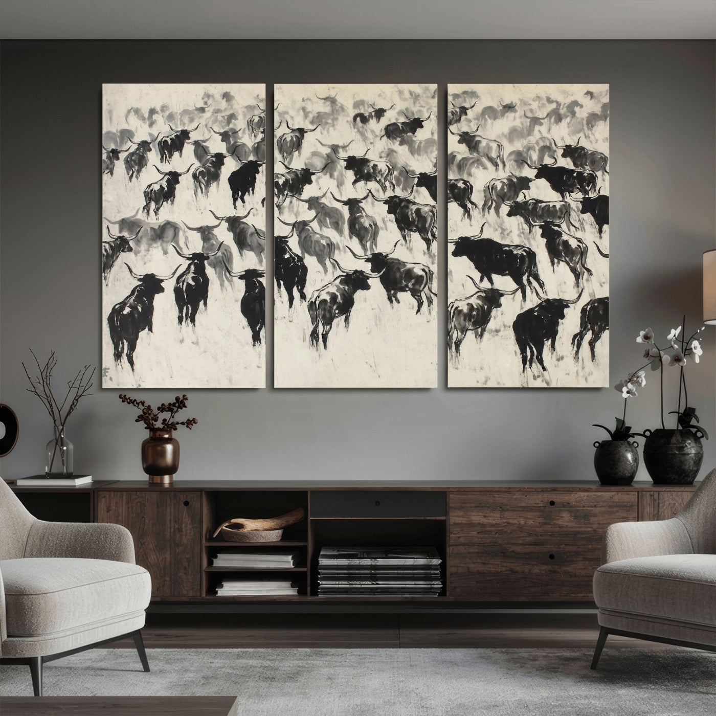 68669792-MGV-CV-36X24 - Longhorn Cattle Canvas Wall Art, Black White Stampede Ink Painting Print, Western Farmhouse Decor, Bull Herd Art, Large Living Room Wall Art, Ranch Home Decor