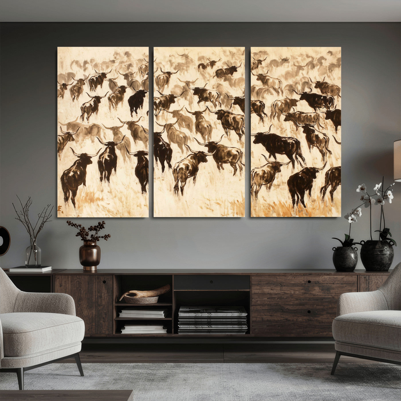 39077774-MGV-CV-36X24 - Texas Longhorn Sepia Canvas Wall Art, Western Cattle Stampede Painting Print, Warm Amber Ranch Decor, Rustic Cowboy Home Art, Large Living Room Decor