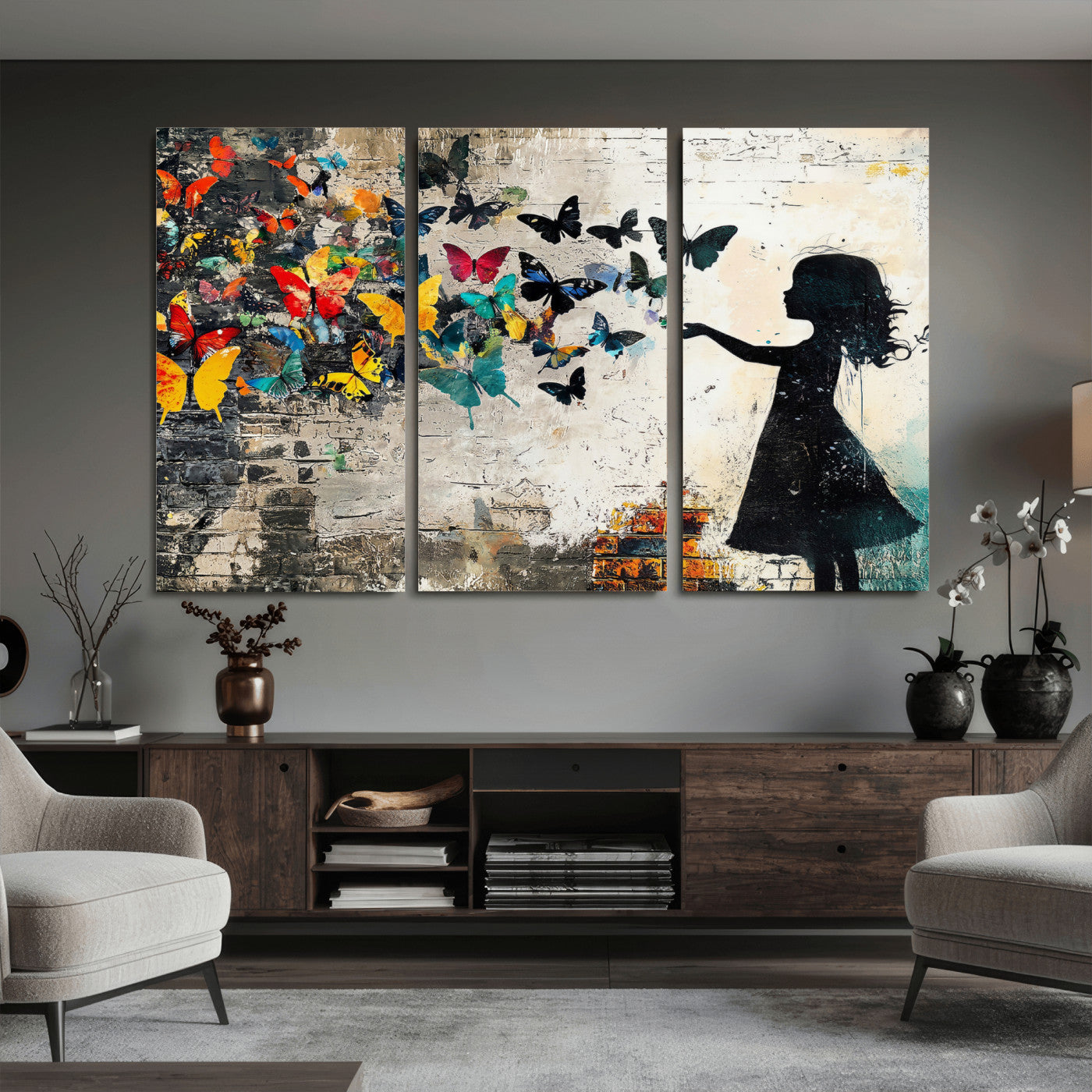 33909022-MGV-CV-36X24 - Banksy Butterfly Girl Wall Art Canvas Print, Framed Street Art Silhouette Graffiti Artwork, Colorful Butterfly Wall Decor for Living Room Bedroom Office
