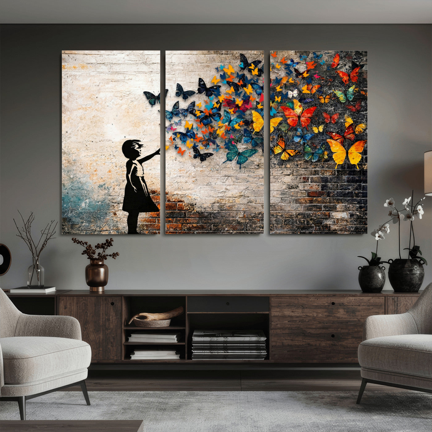 78760384-MGV-CV-36X24 - Banksy Graffiti Butterfly Girl Wall Art Canvas Print, Framed Street Art Canvas Print, Silhouette Butterfly Wall Art for Living Room Bedroom Office