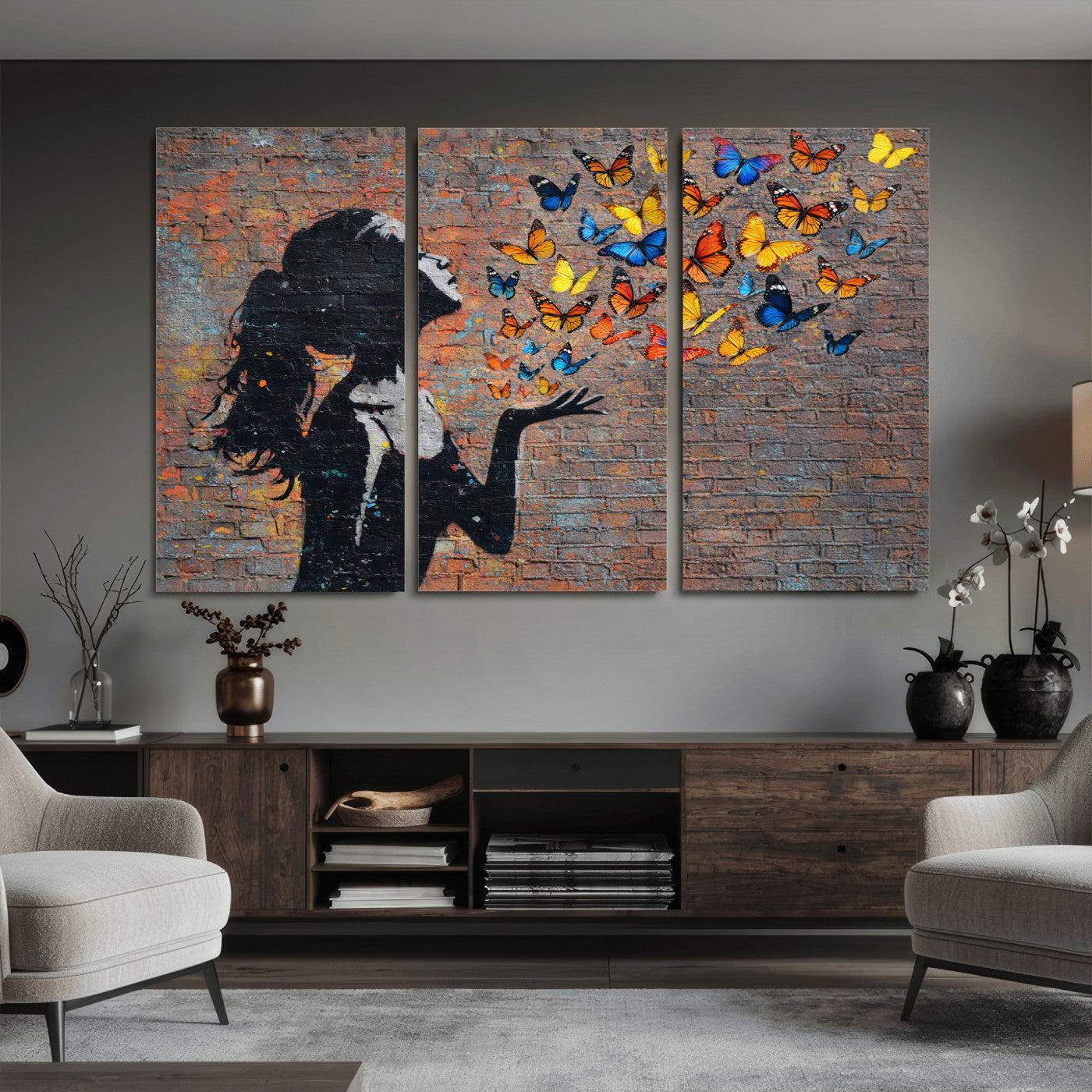 10555939-MGV-CV-36X24 - Urban Banksy Butterfly Girl Wall Art Canvas Print, Framed Street Art Canvas Print, Graffiti Silhouette Butterfly Wall Art for Living Room Bedroom Office