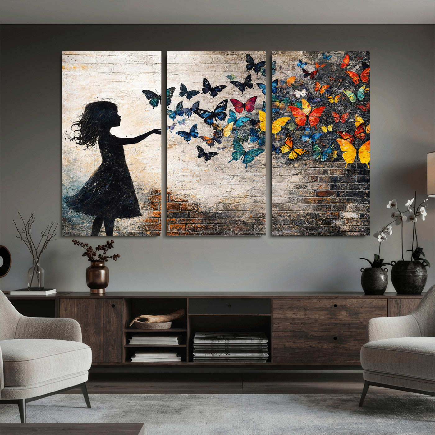 70522594-MGV-CV-36X24 - Banksy Butterfly Girl Wall Art Canvas Print, Framed Street Art Canvas Print, Graffiti Silhouette Butterfly Wall Art for Living Room Bedroom Office