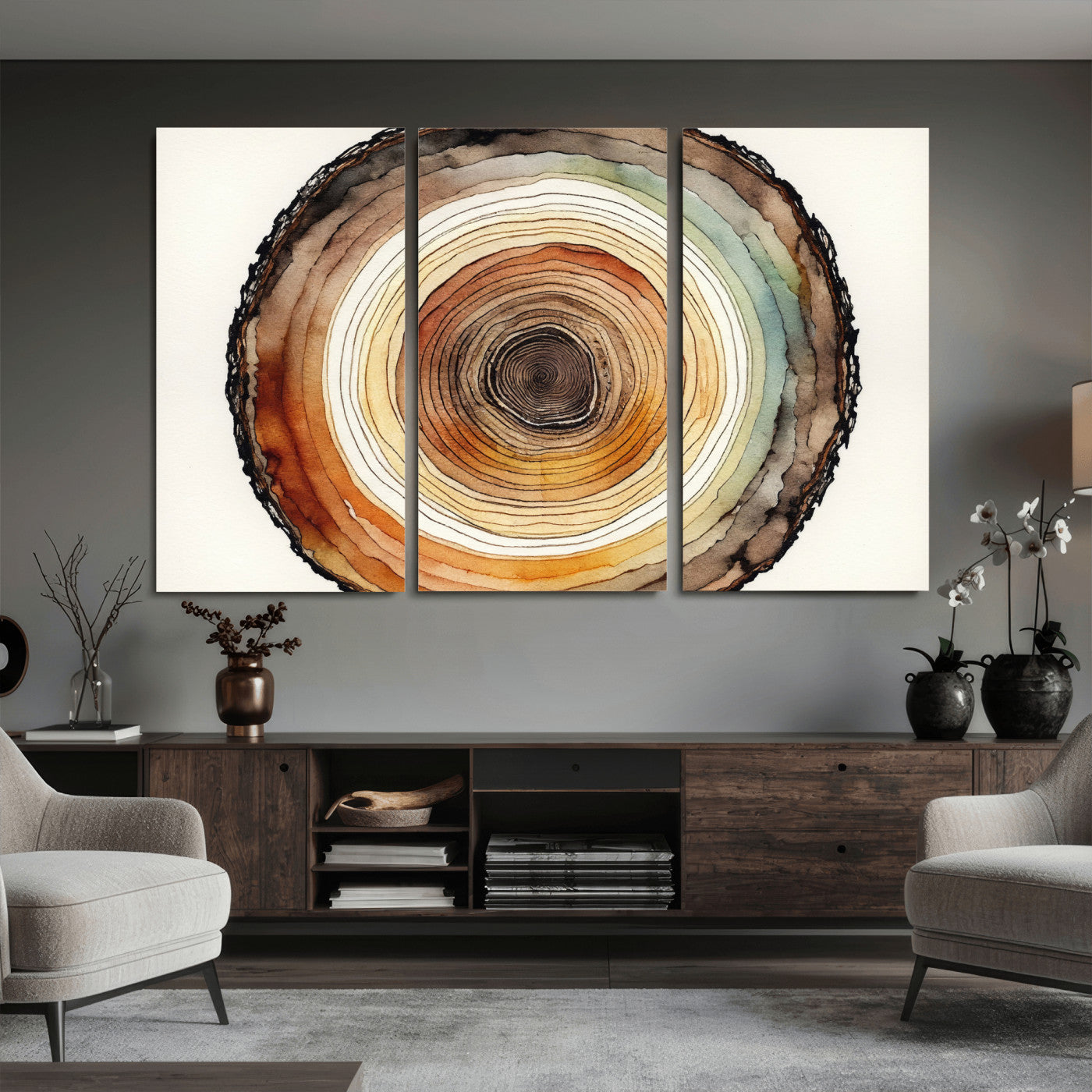 13719680-MGV-CV-36X24 - Natural Wood Slice Wall Art Canvas Print, Tree Ring Wall Art, Framed Abstract Nature Wall Decor, Earth Tone Statement Canvas Print