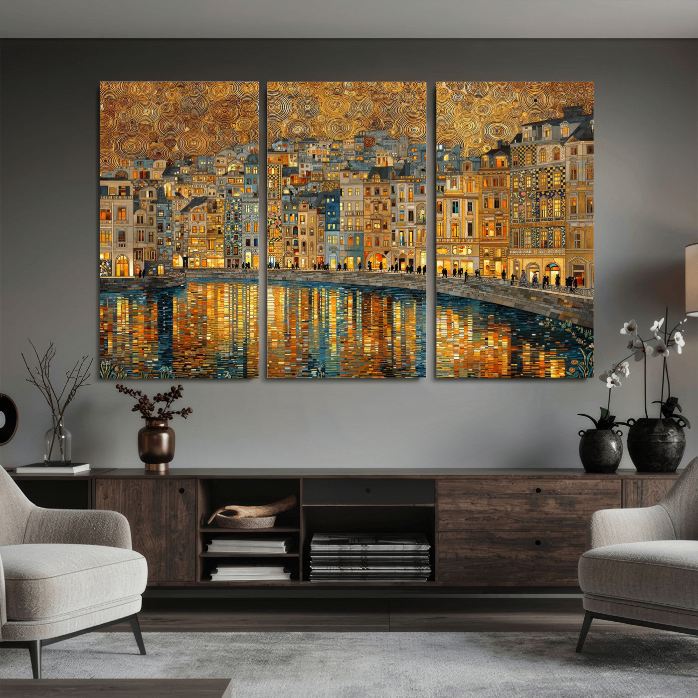 94022787-MGV-CV-36X24 - Gustav Klimt Golden Cityscape Wall Art Canvas Print, Framed River Town Landscape Artwork, Ornate Architecture Wall Decor for Living Room Bedroom Office