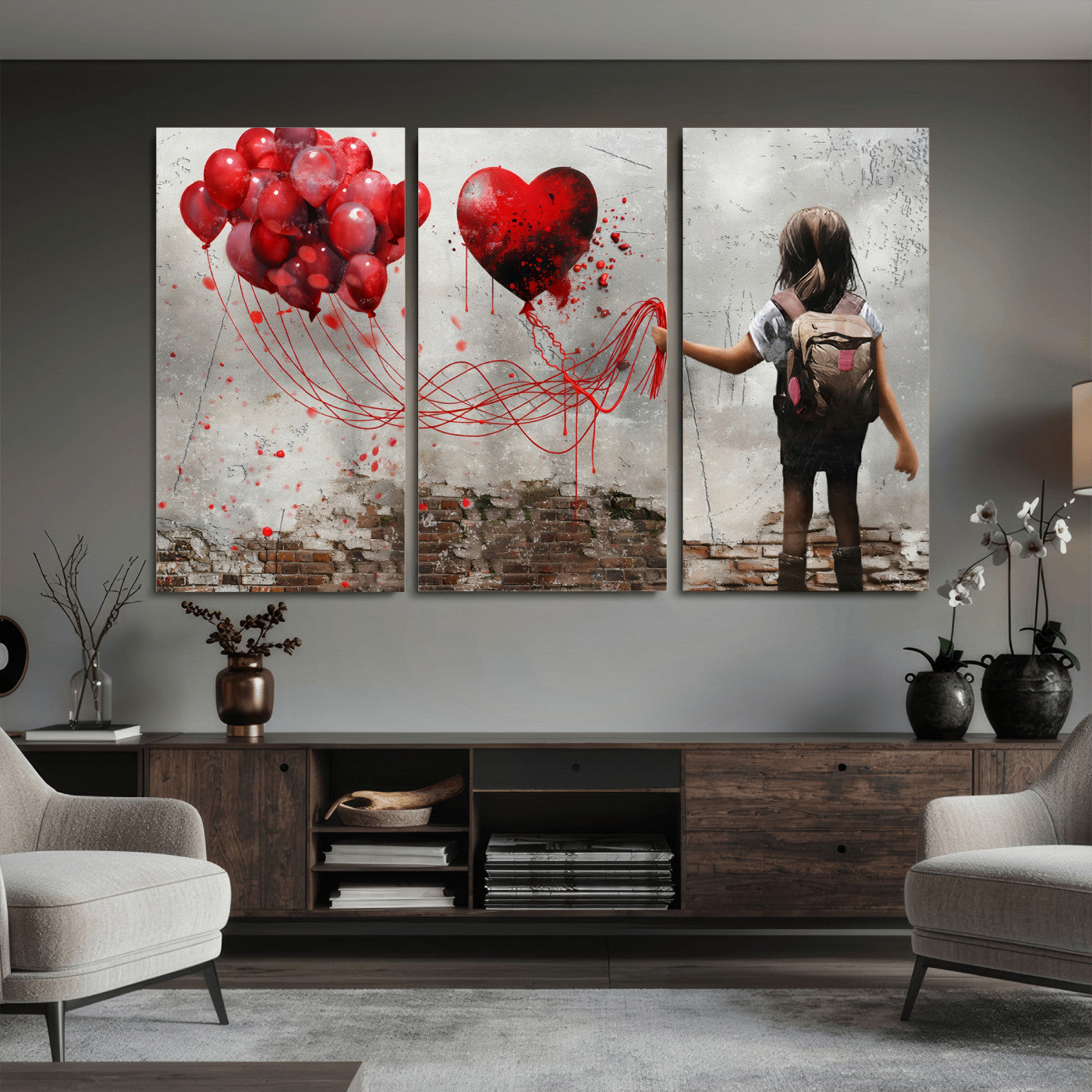 2162830T-MGV-CV-36X24 - Girl Graffiti Wall Art Canvas Print, Red Balloon Heart Street Art, Urban Love Artwork for Living Room Bedroom Hallway Office, Modern Abstract Canvas Wall Decor Home Decor