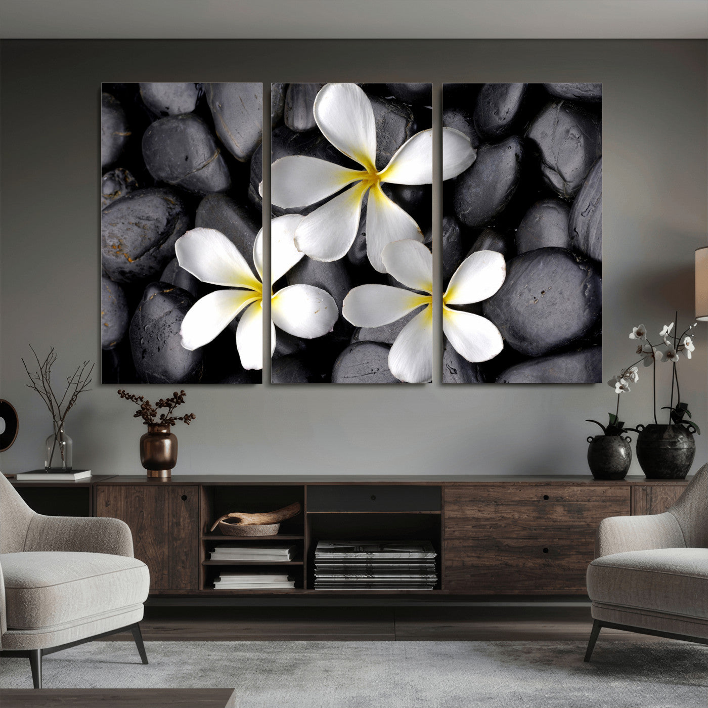 43639613-MGV-CV-36X24 - Plumeria Frangipani Black Stone Canvas | White Flower Spa Photography Print | Tropical Zen Wall Art | Grey Pebble Floral Decor