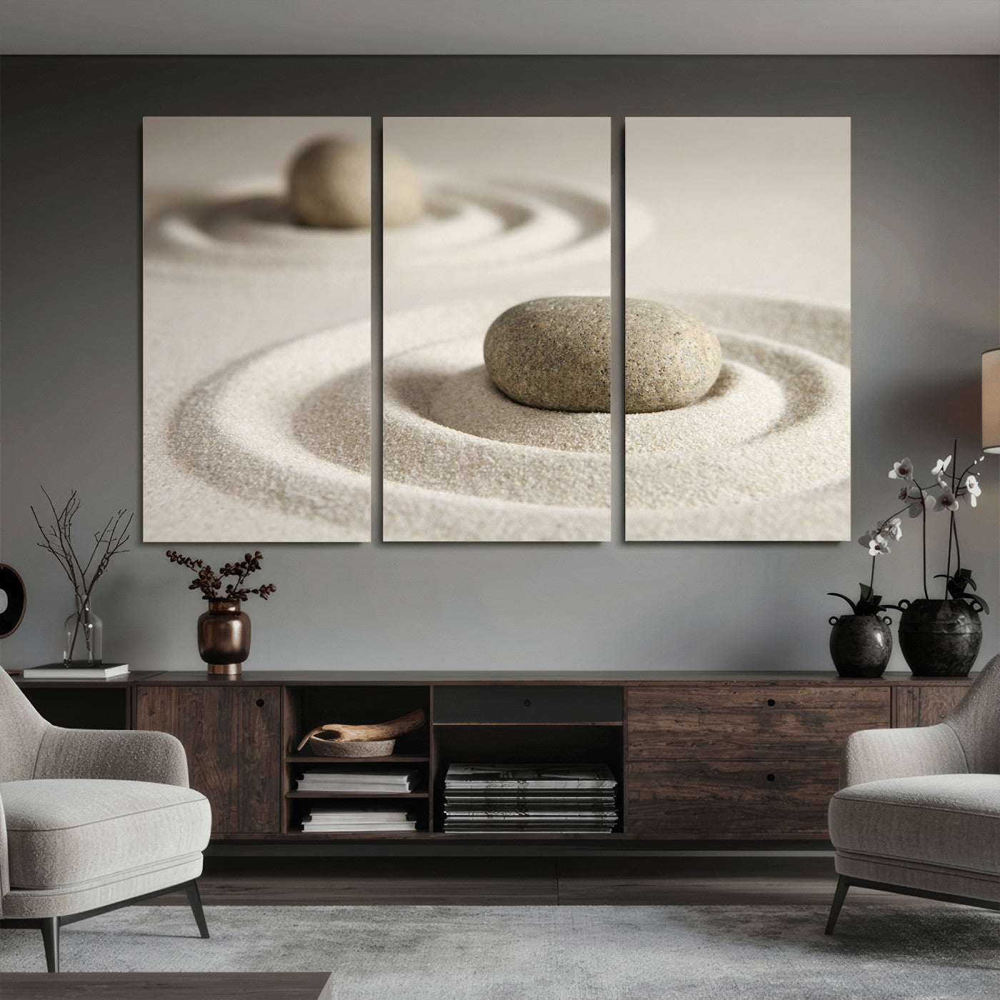 13397966-MGV-CV-36X24 - Zen Garden Stone Sand Canvas | Japanese Rock Garden Wall Art | Minimalist Meditation Print | Neutral Beige Mindfulness Decor