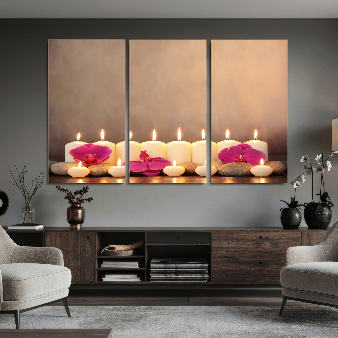 59470569-MGV-CV-36X24 - Spa Candles Orchid Canvas Print | Zen Wellness Relaxation Wall Art | Pink Flower Candlelight Bathroom Decor | Calm Beige Photography