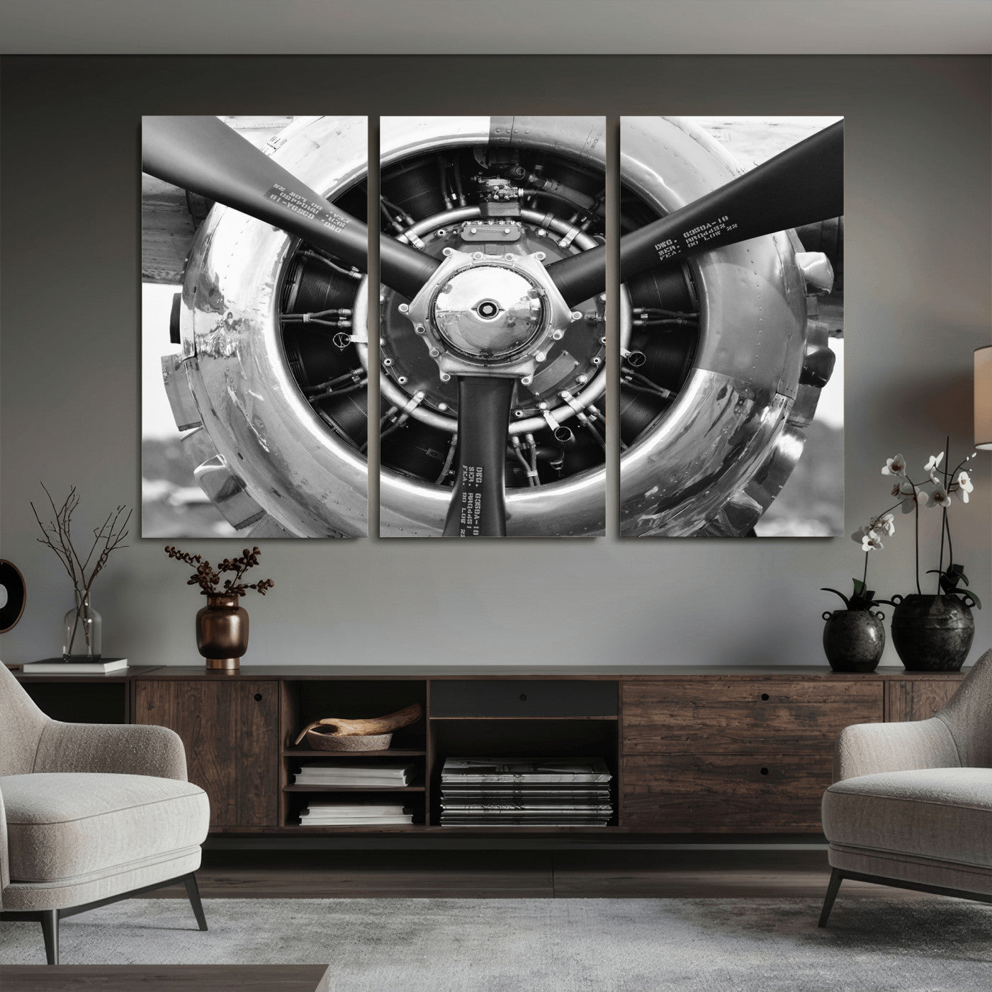 73322230-MGV-CV-36X24 - Vintage Propeller Plane Wall Art Canvas Print, Black and White Airplane Engine Close Up Framed Aviation Artwork for Pilot Office Hangar Decor