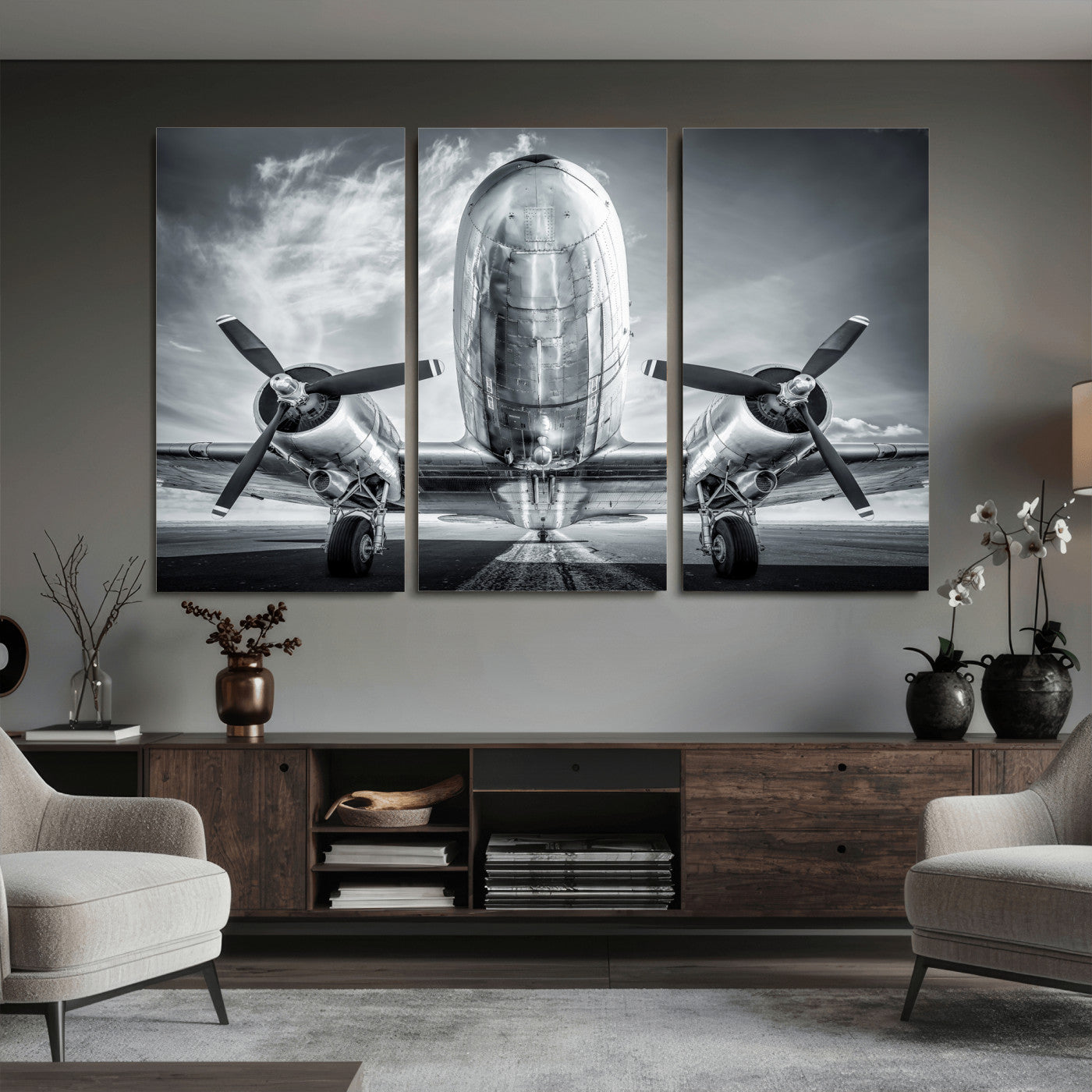 59729636-MGV-CV-36X24 - Vintage Propeller Plane Wall Art Canvas Print, Black and White Airplane Engine Close Up Framed Aviation Artwork for Pilot Office Hangar Decor