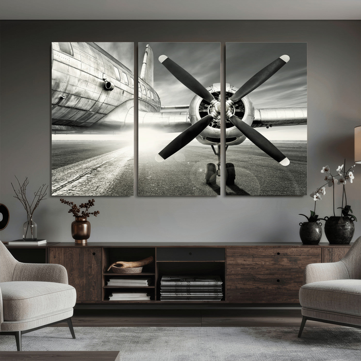 16420255-MGV-CV-36X24 - Vintage Airplane Wall Art Canvas Print, Black and White Propeller Aircraft Framed Aviation Artwork for Pilot Office Hangar Living Room Decor