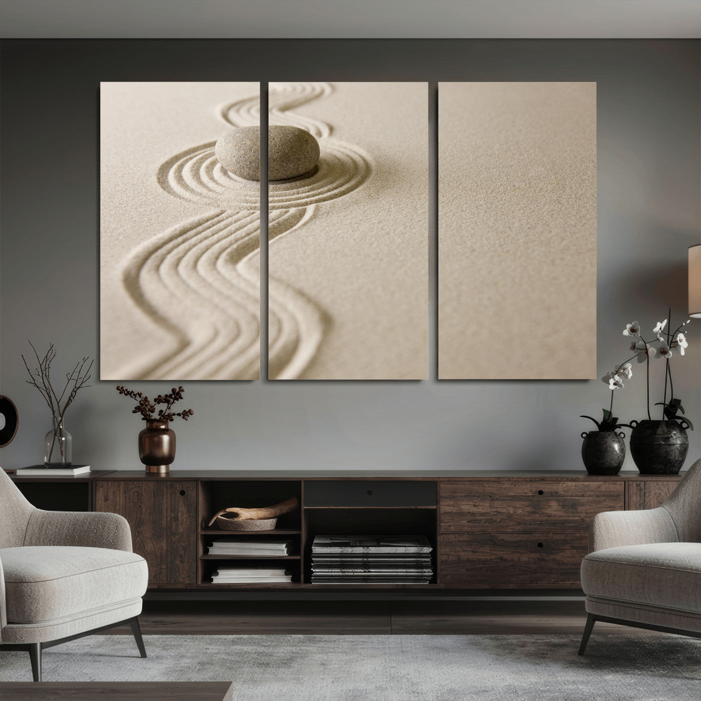 66852661-MGV-CV-36X24 - Zen Garden Stone Sand Canvas | Japanese Rock Garden Wall Art | Minimalist Meditation Print | Neutral Beige Mindfulness Decor