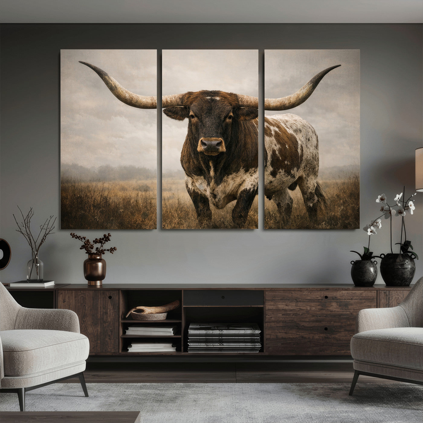 17622011L-MGV-CV-36X24 - Longhorn Bull Wall Art Canvas Print, Western Farmhouse Cowboy Decor, Rustic Texas Ranch Cattle Artwork for Living Room Bedroom Office, Framed Wall Decor