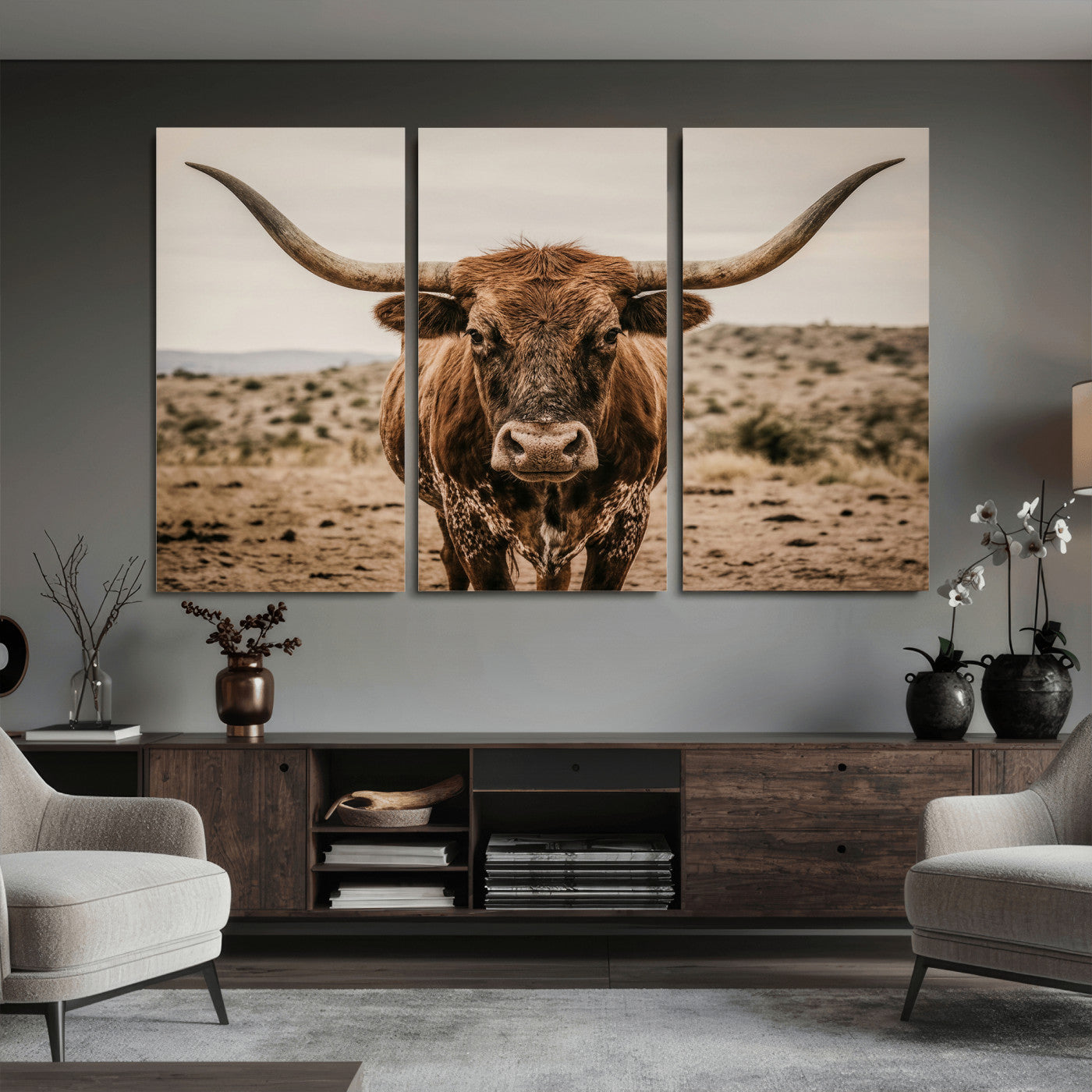 17622011K-MGV-CV-36X24 - Texas Longhorn Bull Wall Art Canvas Print, Western Farmhouse Cowboy Decor, Rustic Texas Ranch Cattle Artwork for Living Room Bedroom Office, Framed Wall Decor