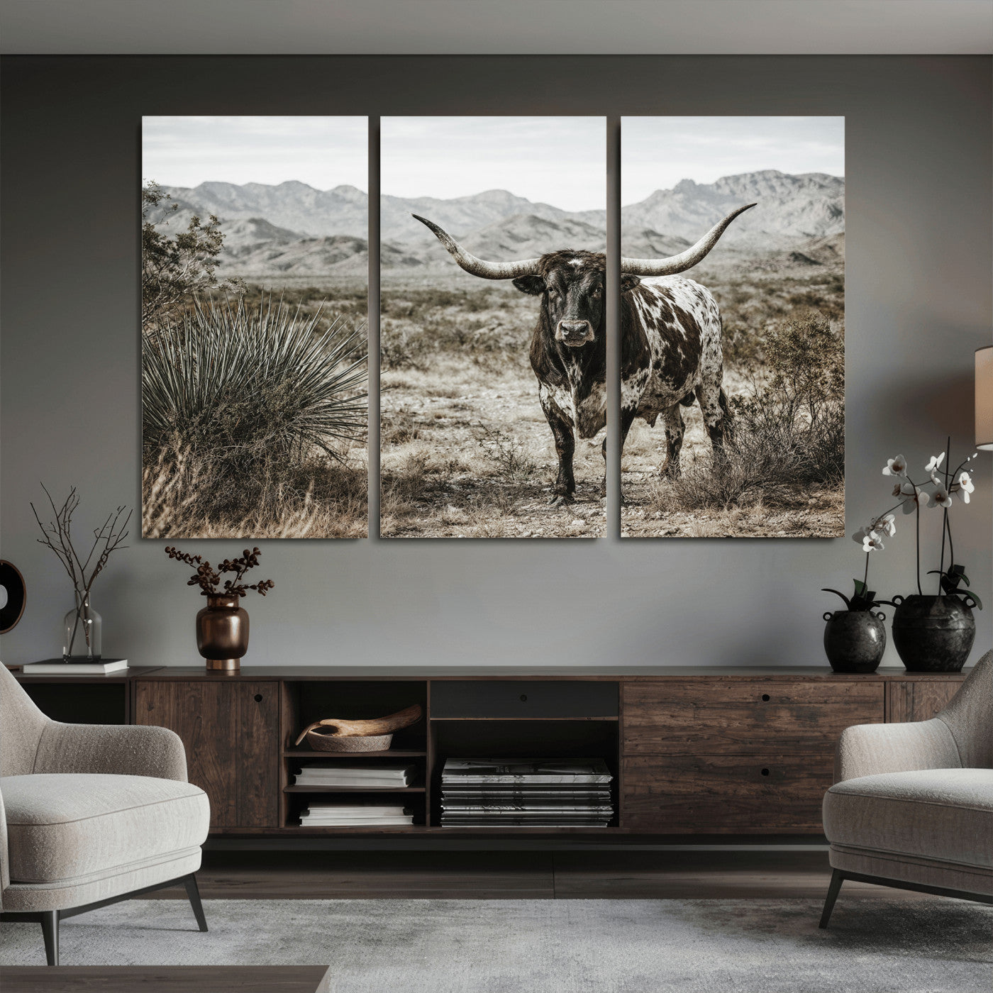 17622011H-MGV-CV-36X24 - Texas Longhorn Bull Wall Art Canvas Print, Western Farmhouse Cowboy Decor, Rustic Texas Ranch Cattle Artwork for Living Room Bedroom Office, Framed Wall Decor