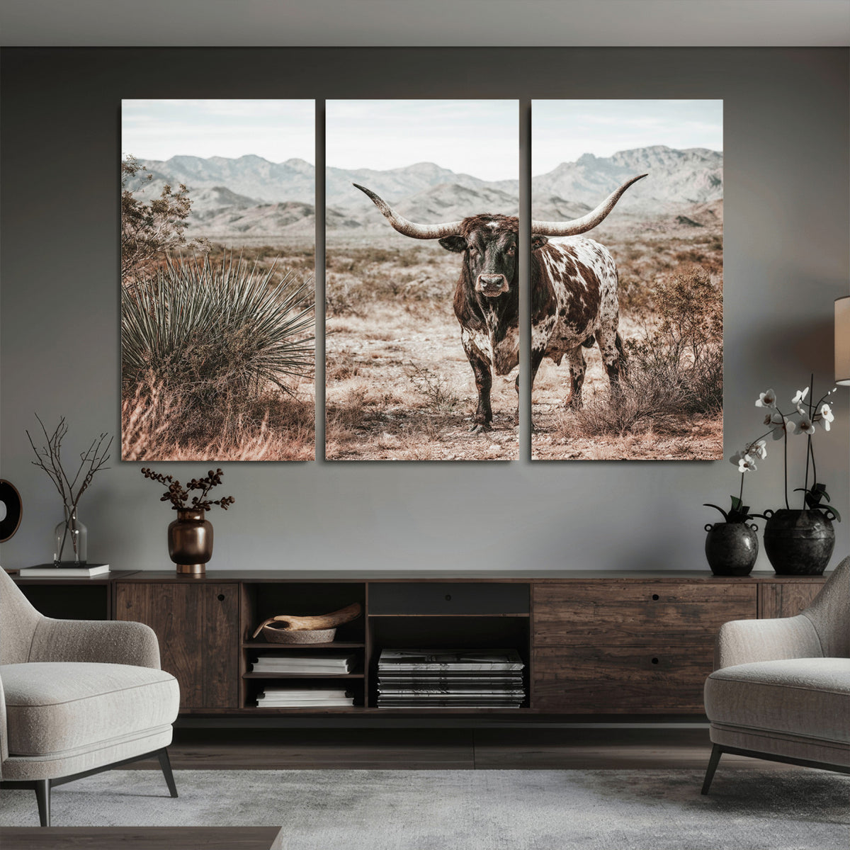 17622011H-MGV-CV-36X24 - Texas Longhorn Bull Wall Art Canvas Print, Western Farmhouse Cowboy Decor, Rustic Texas Ranch Cattle Artwork for Living Room Bedroom Office, Framed Wall Decor