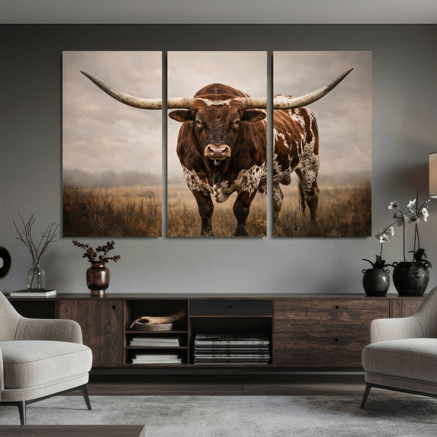 25239047-MGV-CV-36X24 - Texas Longhorn Canvas Wall Art Western Bull Desert Moody Grey Overcast Rustic Farmhouse Framed Large for Living Room Bedroom Office Decor
